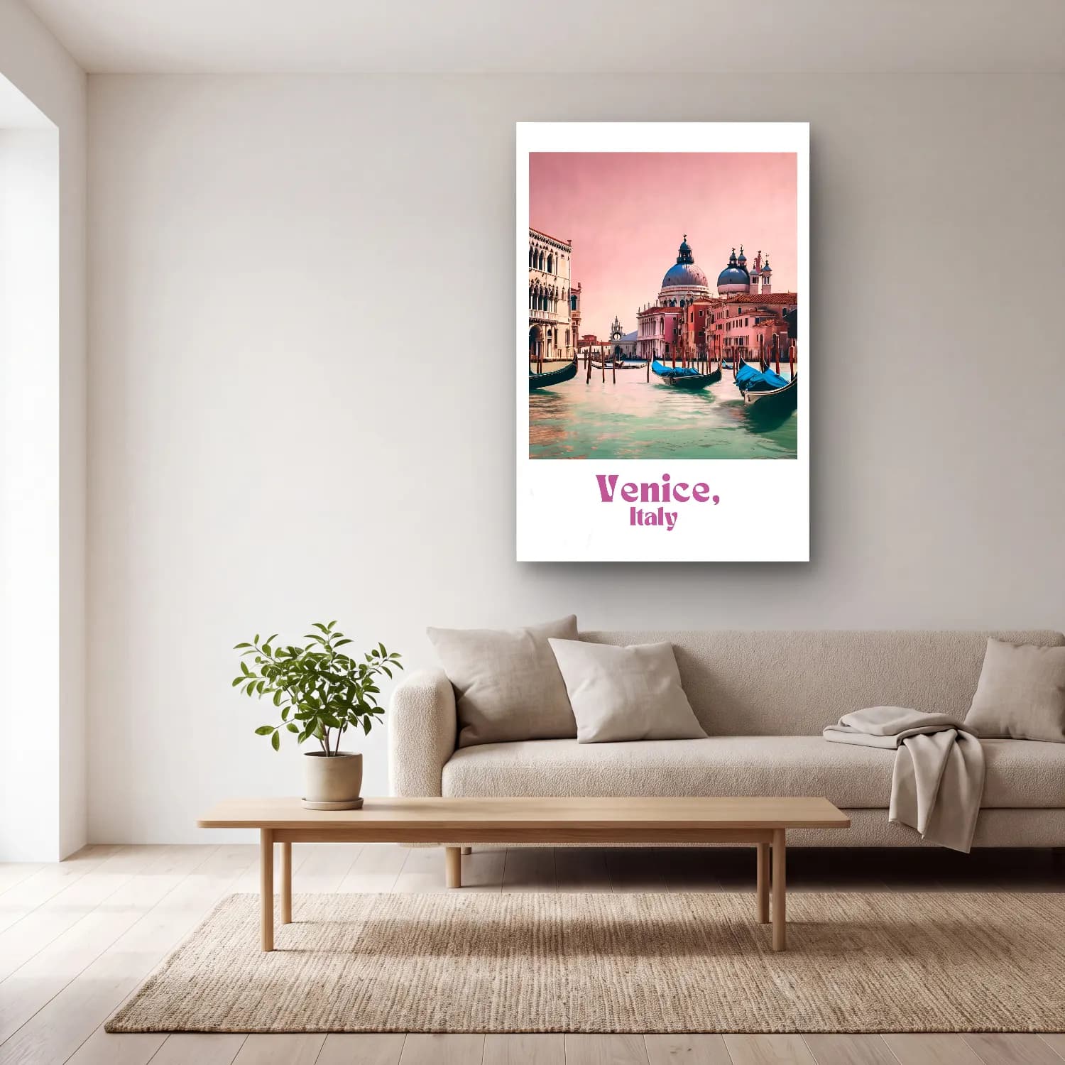 Pastel Venedik Kanalları – Pembe Tonlar cam tablo — açık renk salonda