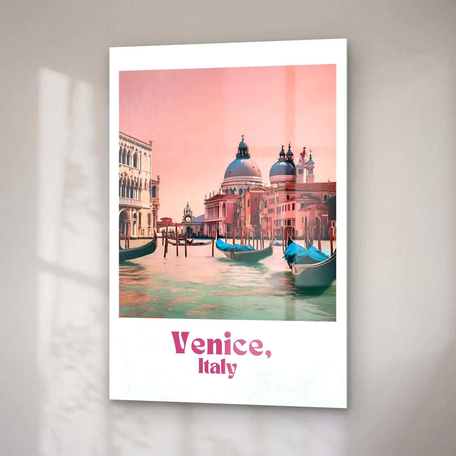 Pastel Venedik Kanalları – Pembe Tonlar cam tablo — sağ açıdan görünüm