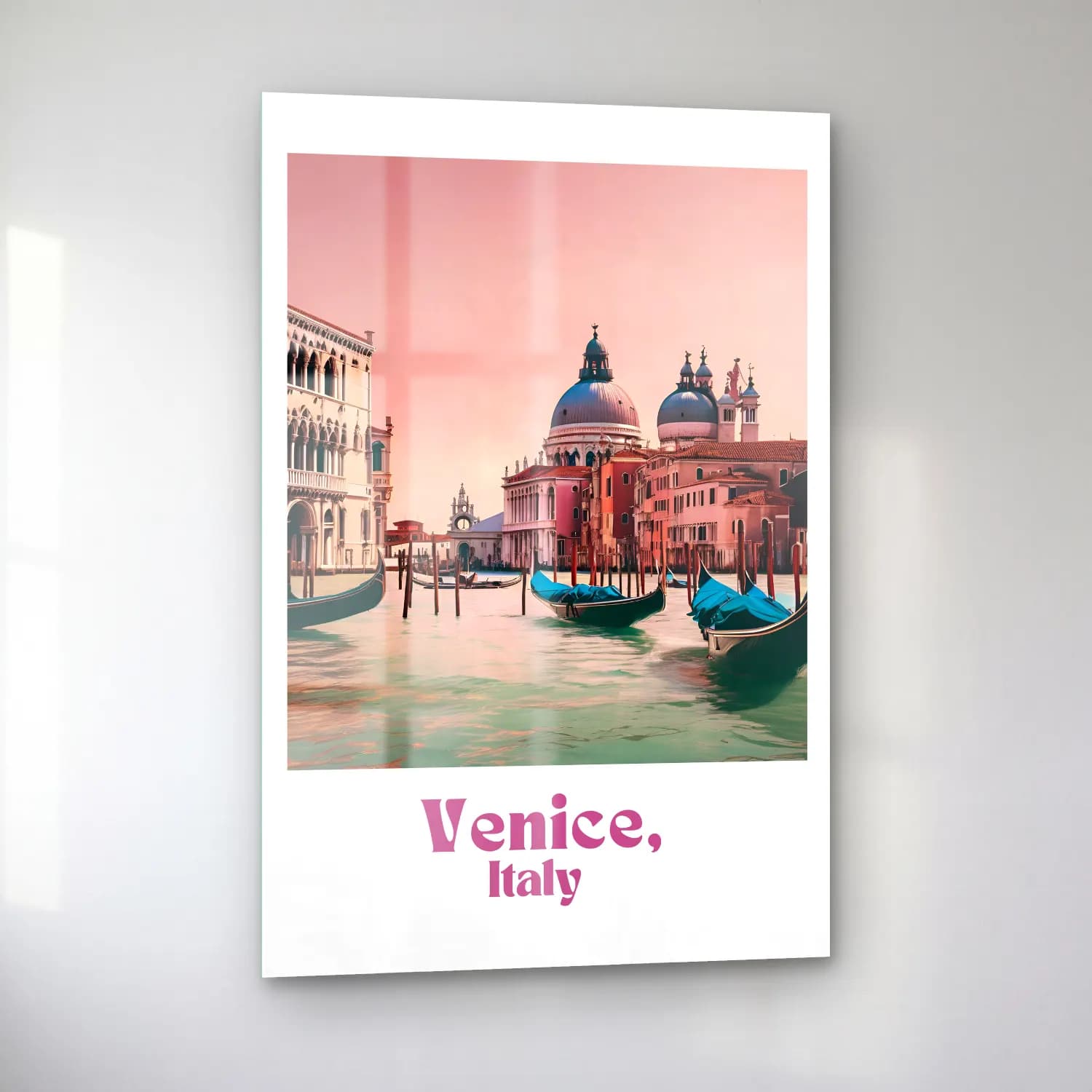 Pastel Venedik Kanalları – Pembe Tonlar cam tablo — sol açıdan görünüm