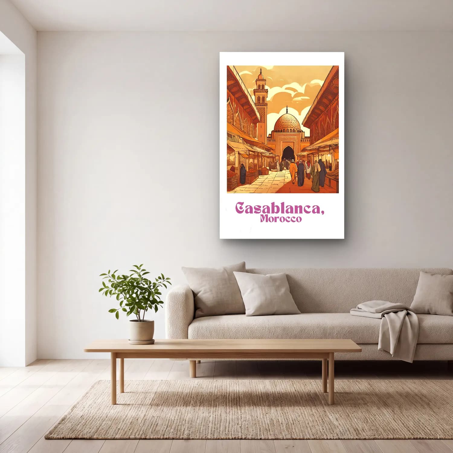 Vintage Poster Akdeniz Sahil Kasabası – Turuncu Tonlar cam tablo — açık renk salonda