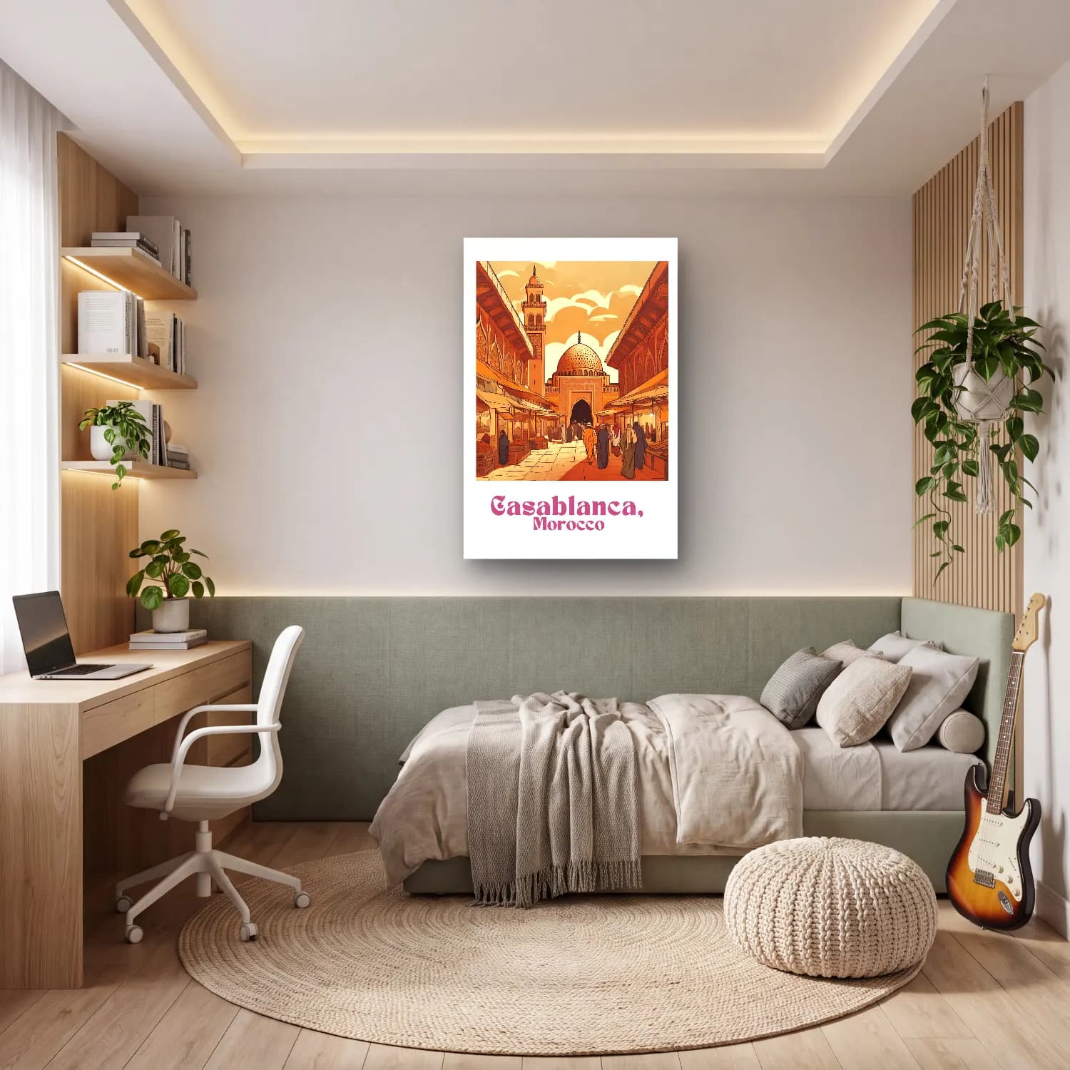 Vintage Poster Akdeniz Sahil Kasabası – Turuncu Tonlar cam tablo — genç odasında