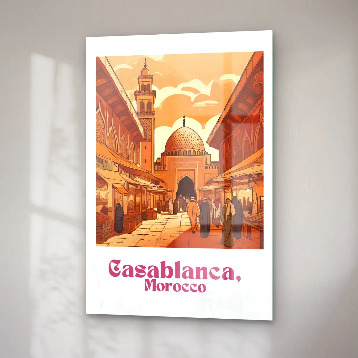 Vintage Poster Akdeniz Sahil Kasabası – Turuncu Tonlar cam tablo — sağ açıdan görünüm