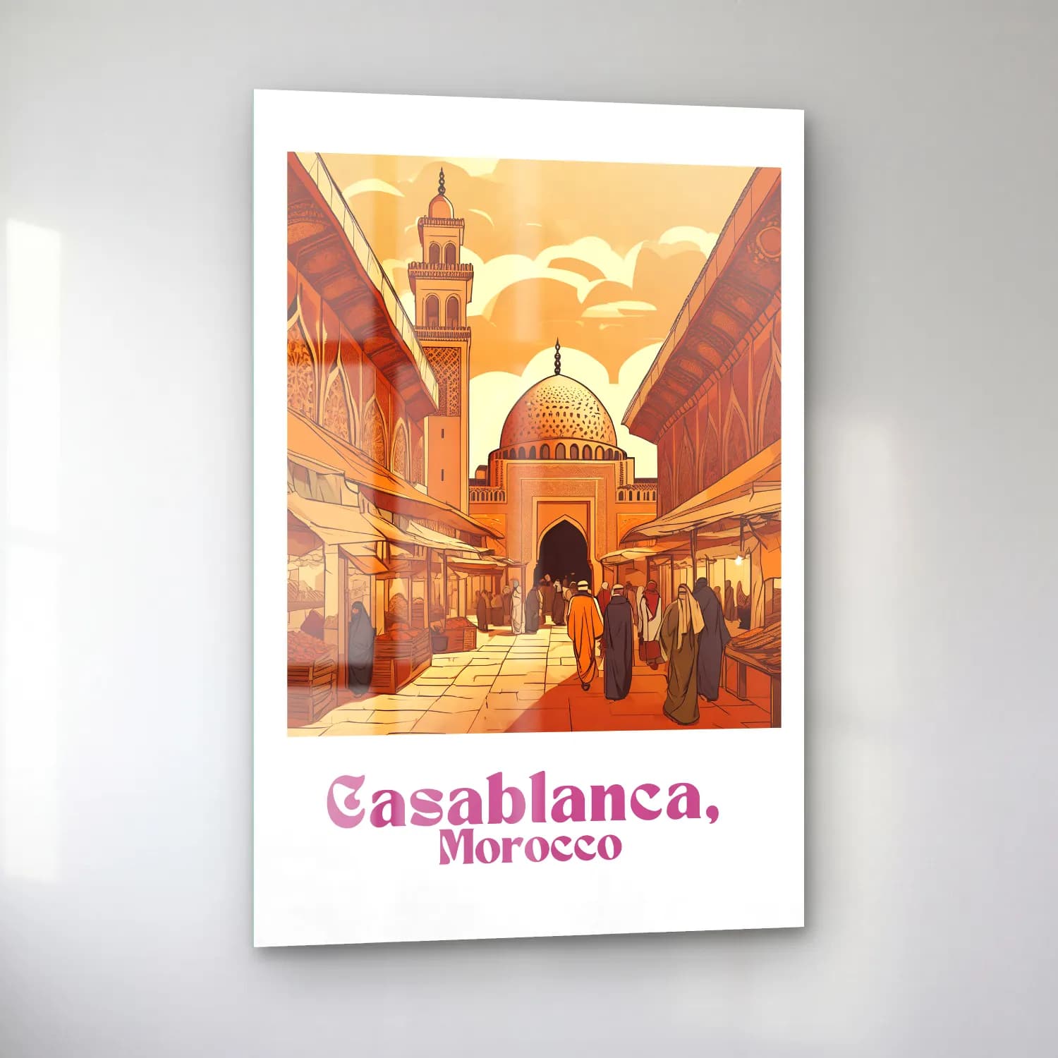Vintage Poster Akdeniz Sahil Kasabası – Turuncu Tonlar cam tablo — sol açıdan görünüm