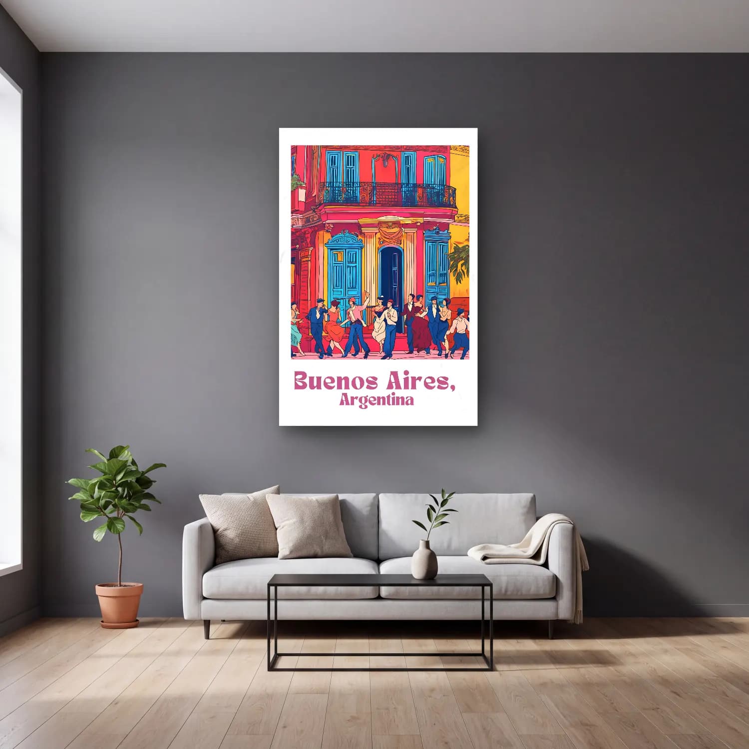 Vintage Poster Dansçılar – Pembe Tonlar cam tablo — gri duvarlı salonda