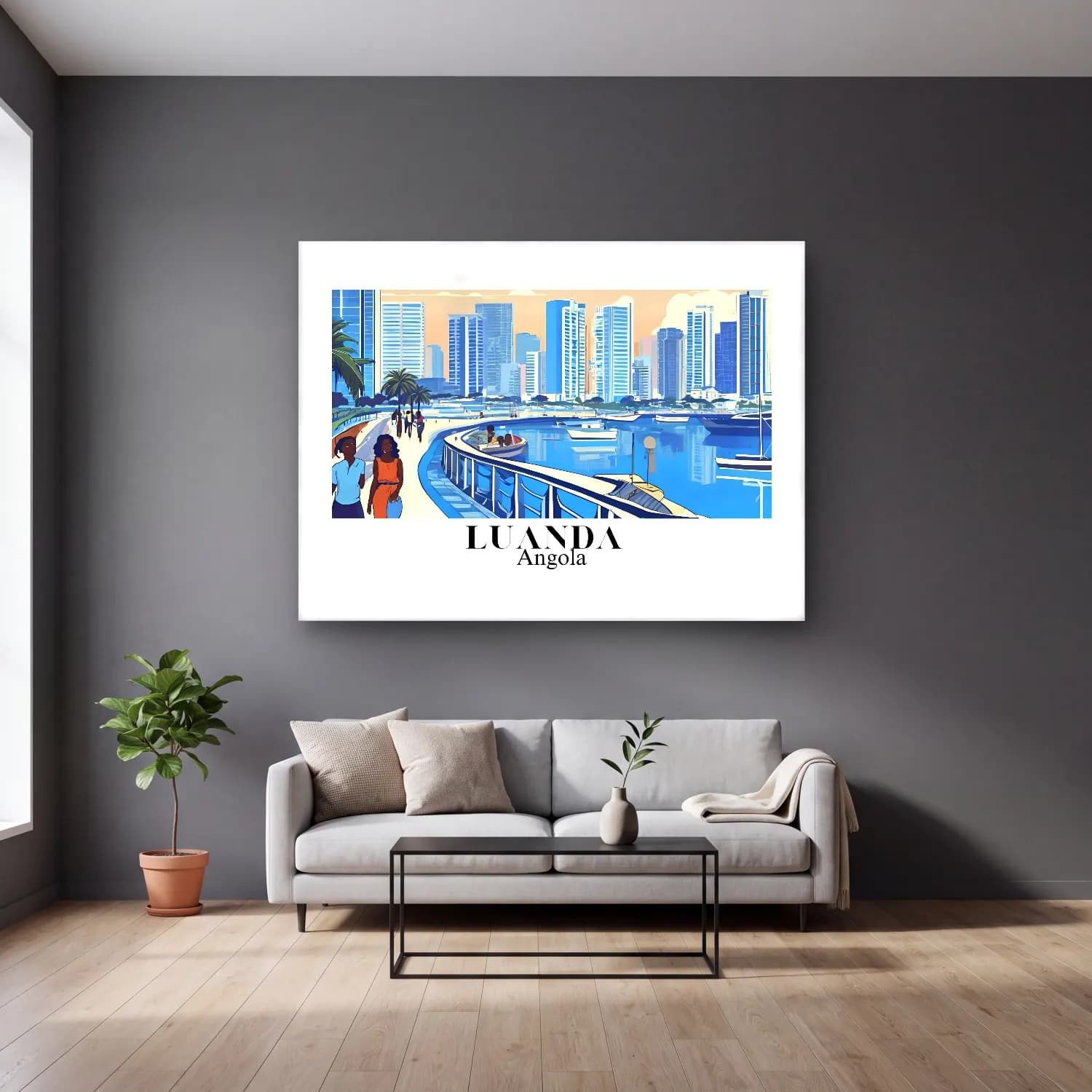 Pastel Liman ve Tekneler No. 8 cam tablo — gri duvarlı salonda