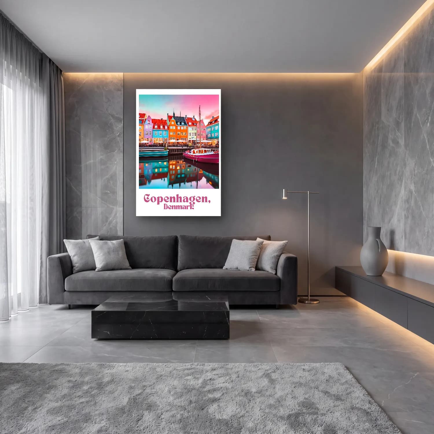 Maksimalist Liman ve Tekneler – Pembe Tonlar cam tablo — lüks salon duvarında