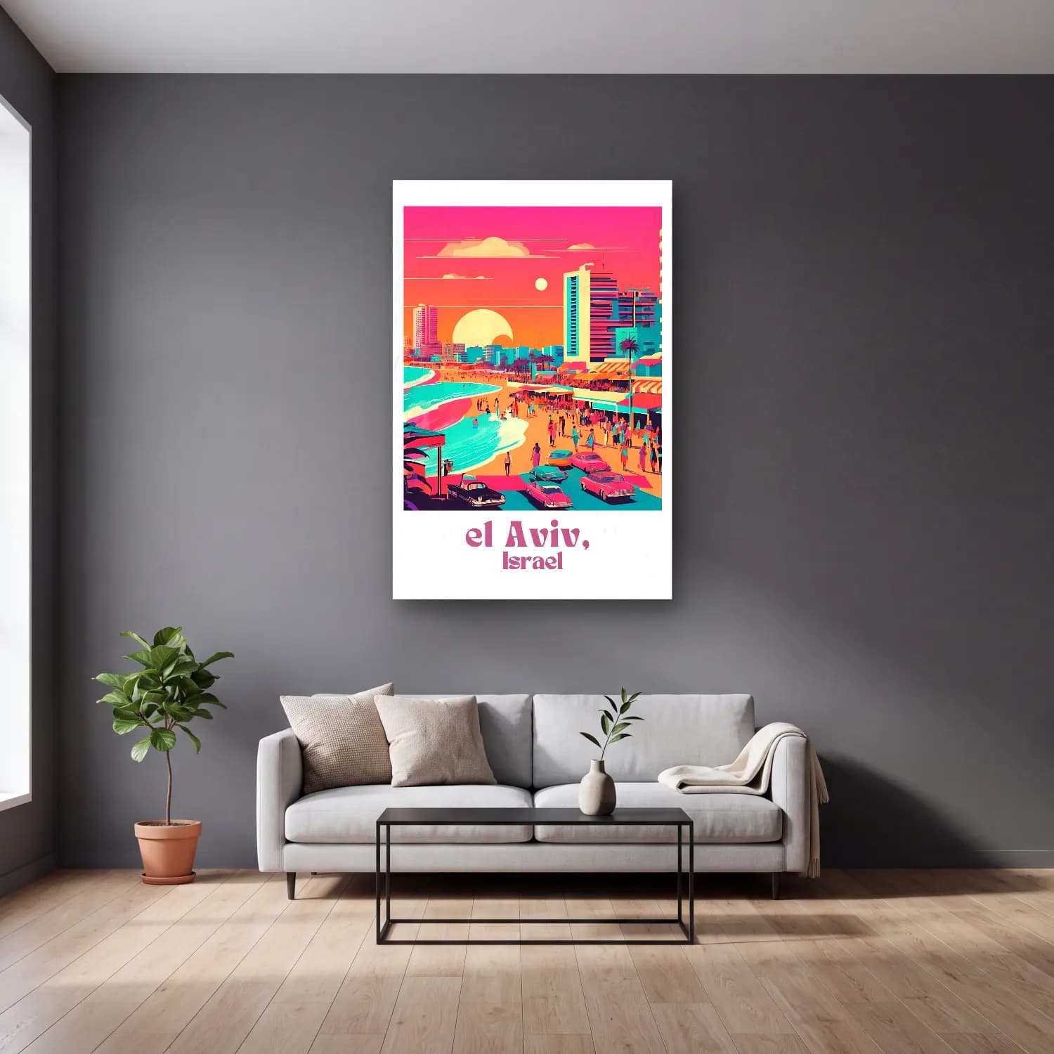 Vintage Poster Akdeniz Sahil Kasabası No. 16 cam tablo — gri duvarlı salonda