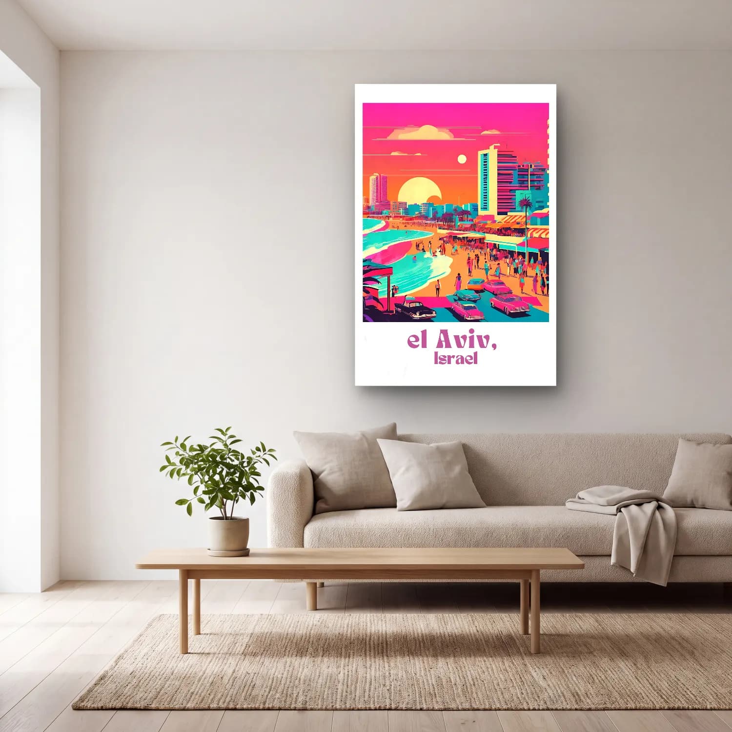 Vintage Poster Akdeniz Sahil Kasabası No. 16 cam tablo — açık renk salonda
