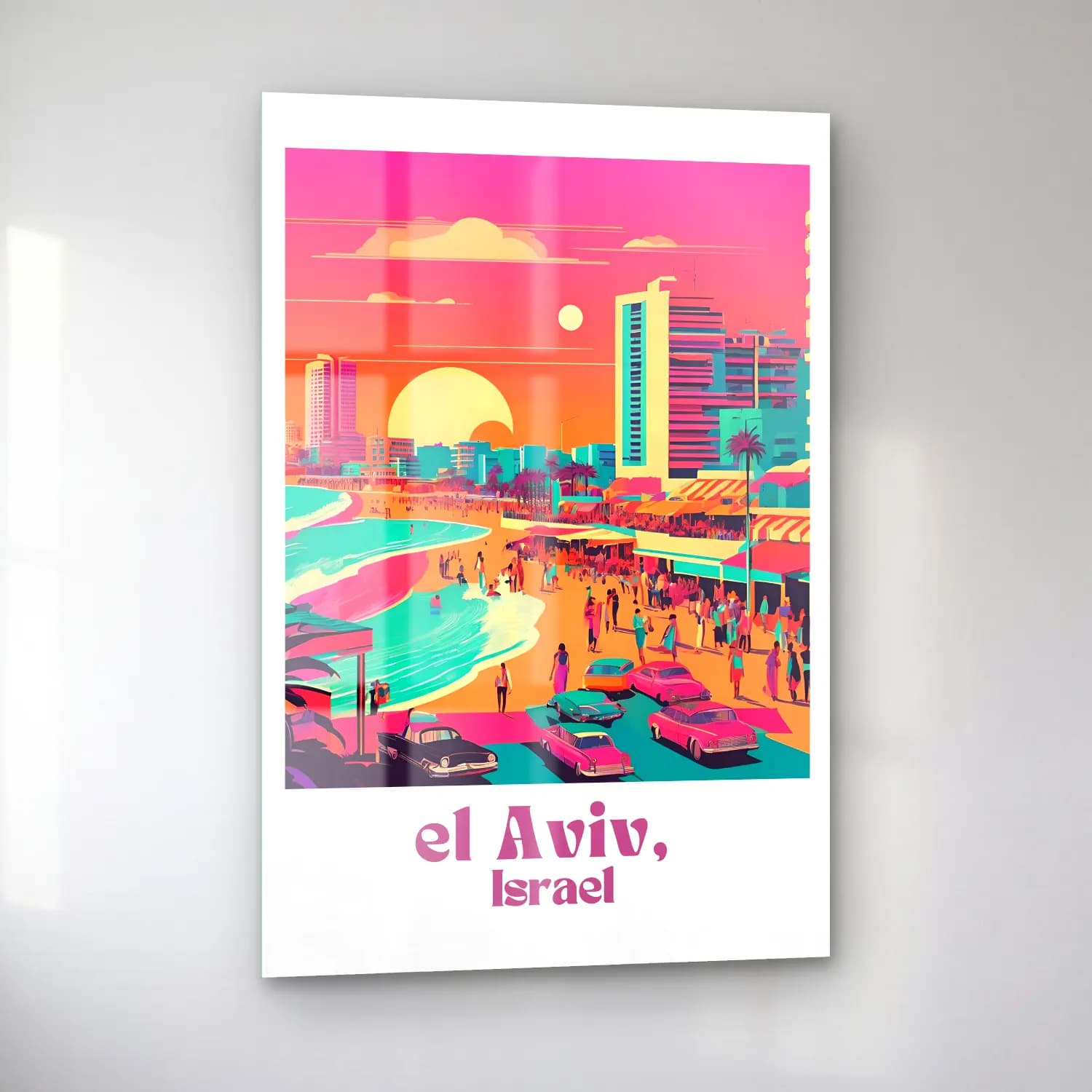 Vintage Poster Akdeniz Sahil Kasabası No. 16 cam tablo — sol açıdan görünüm
