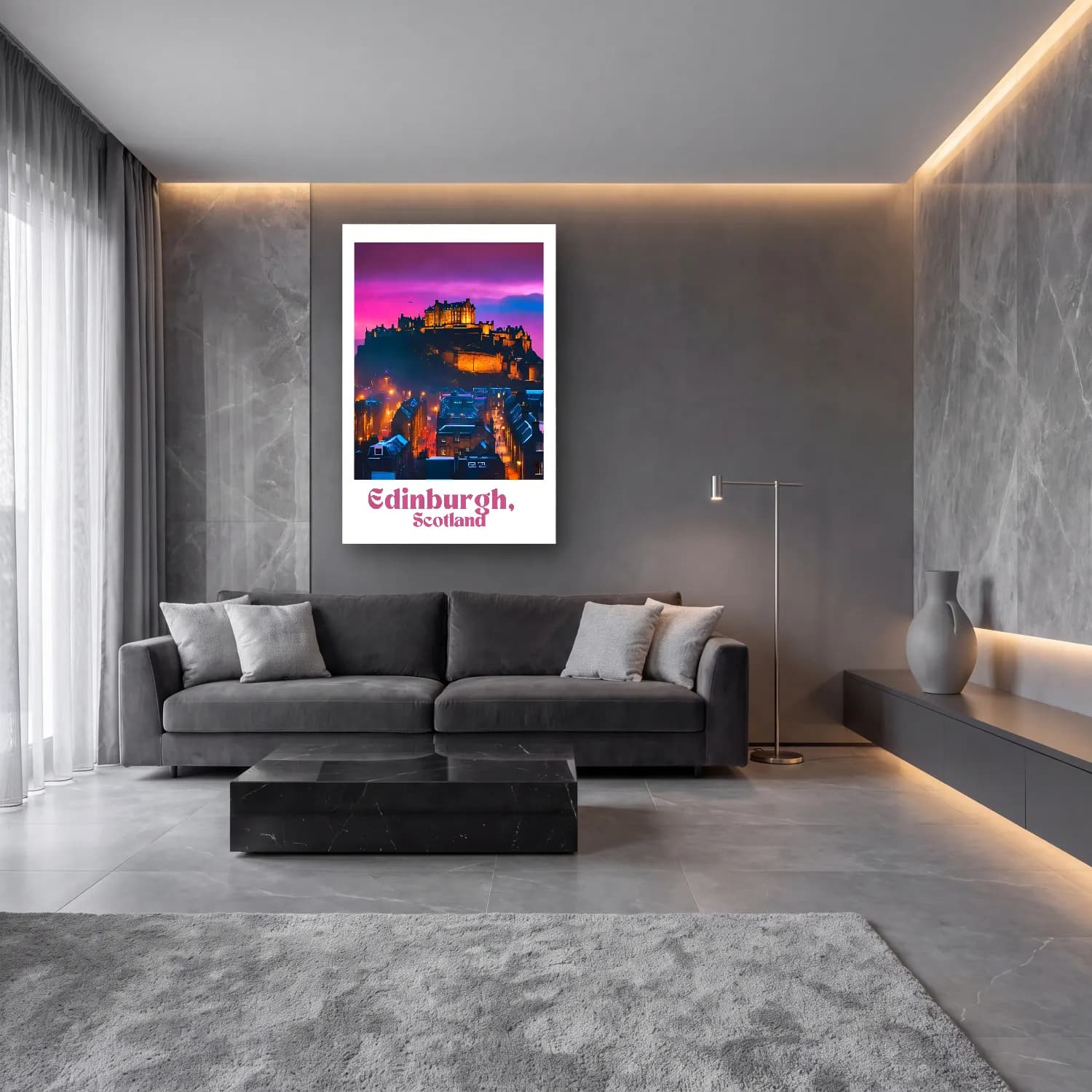 Pastel Şato – Mor Tonlar cam tablo — lüks salon duvarında