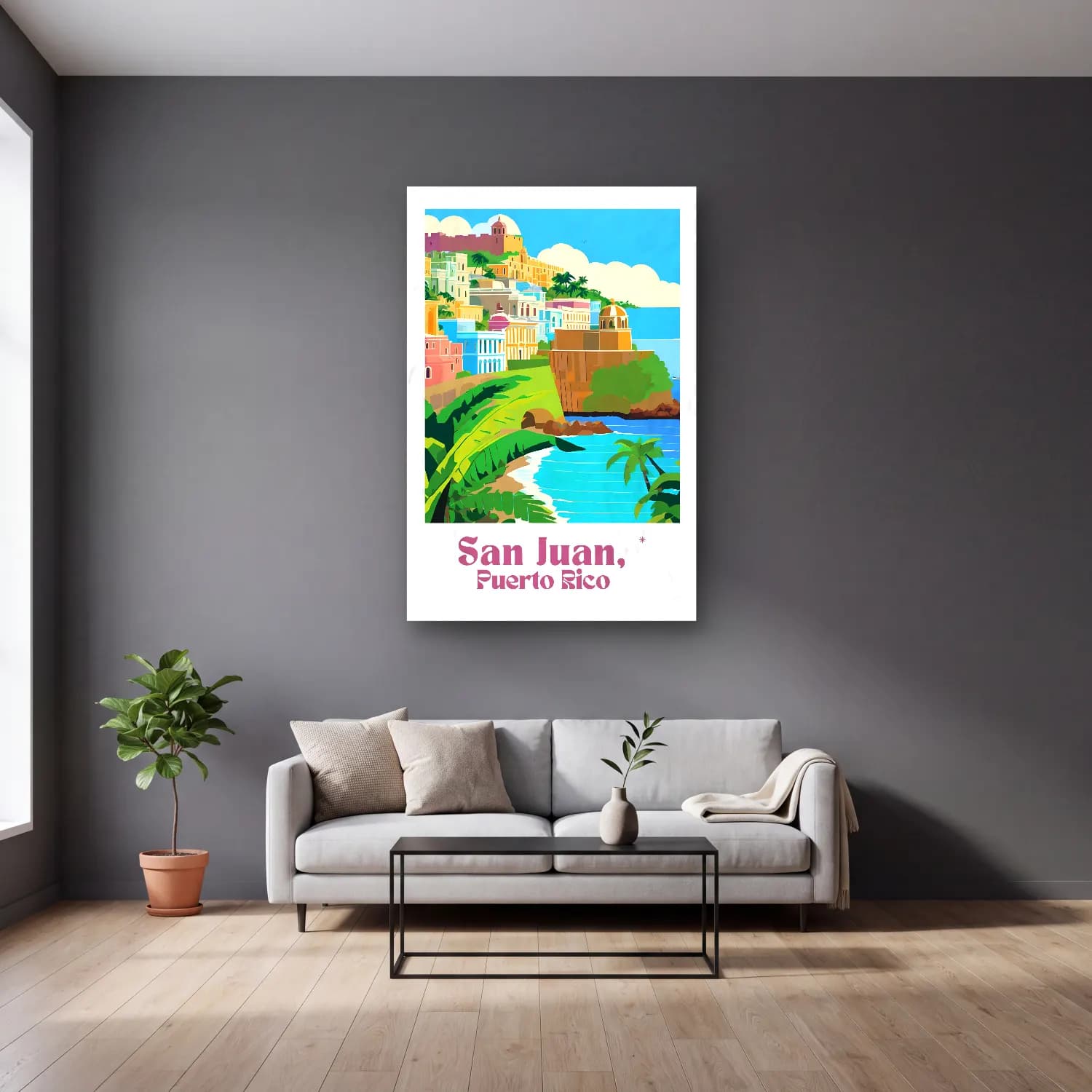 Vintage Poster Akdeniz Sahil Kasabası No. 17 cam tablo — gri duvarlı salonda