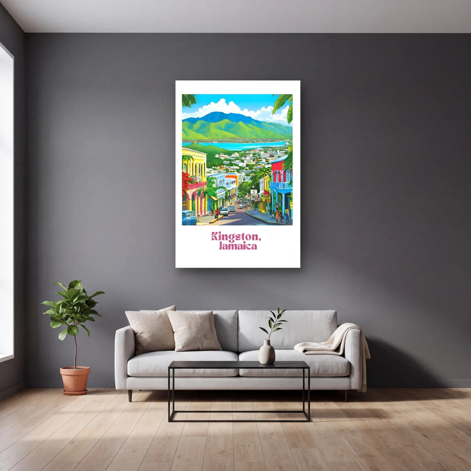 Vintage Poster Köy Sokağı – Turkuaz Tonlar cam tablo — gri duvarlı salonda