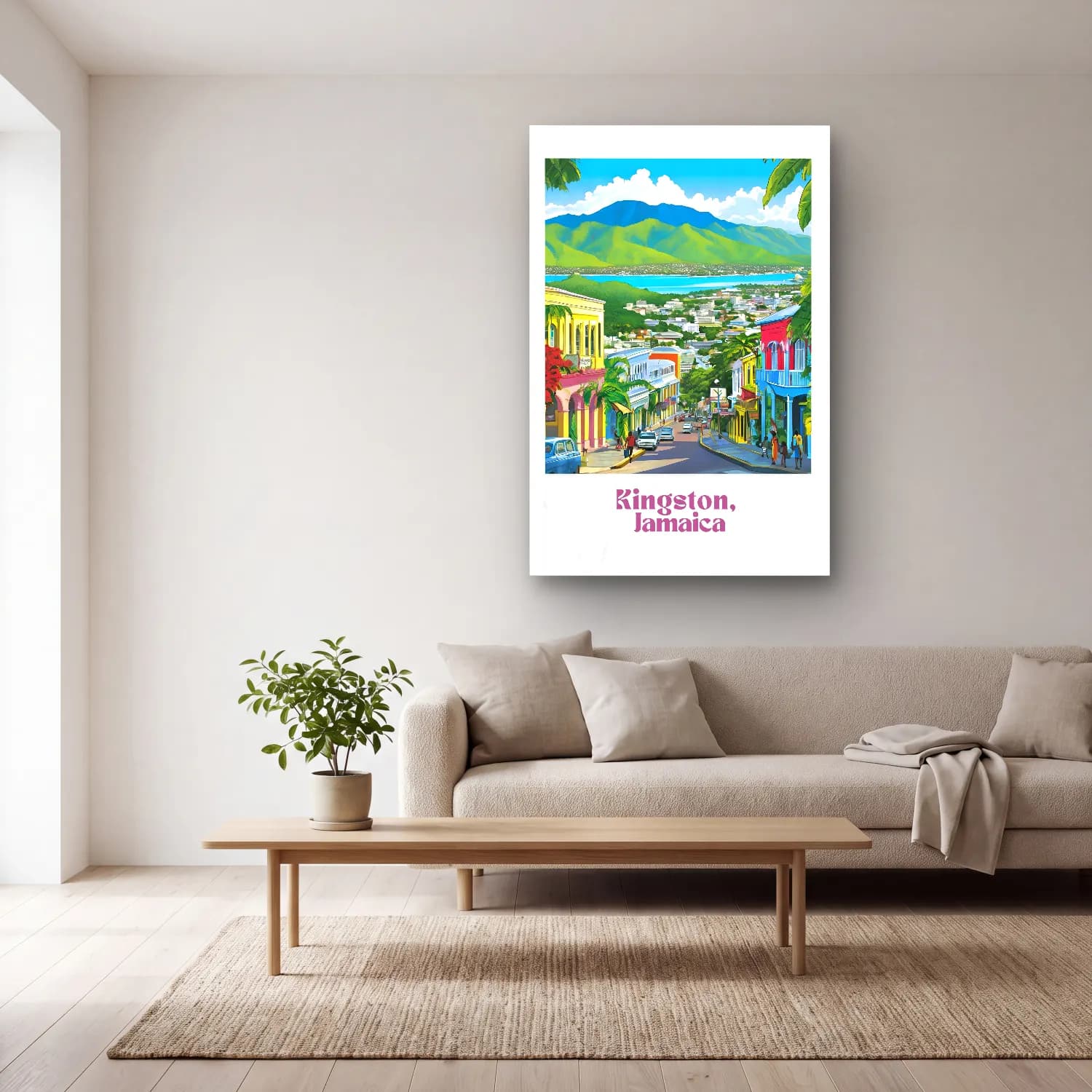 Vintage Poster Köy Sokağı – Turkuaz Tonlar cam tablo — açık renk salonda