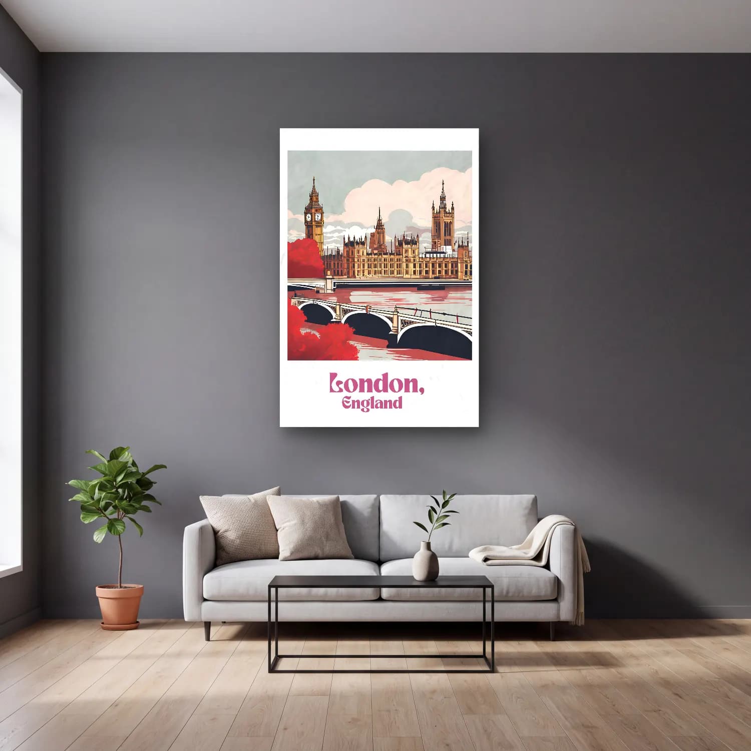 Vintage Poster Londra No. 4 cam tablo — gri duvarlı salonda