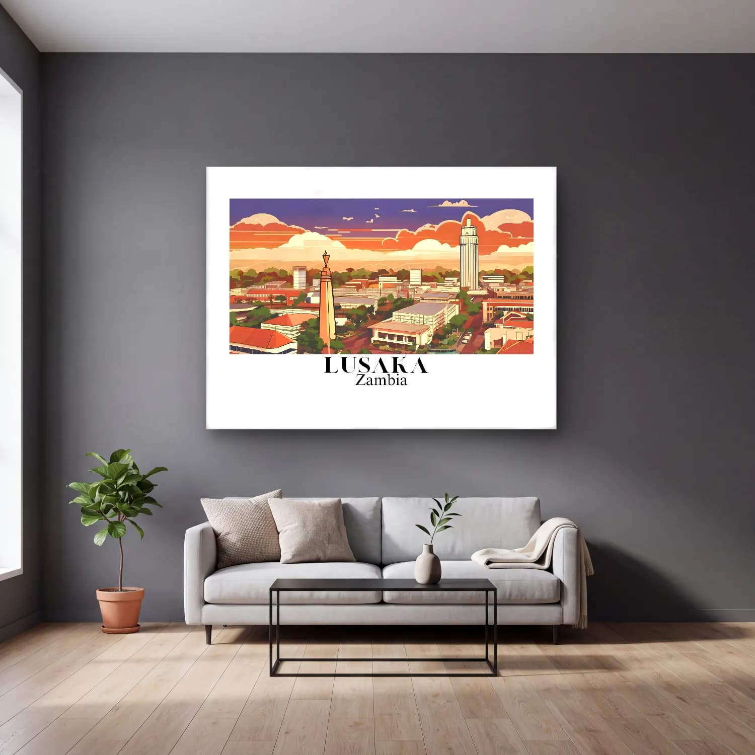 Vintage Poster Gece Şehir – Turuncu Tonlar cam tablo — gri duvarlı salonda