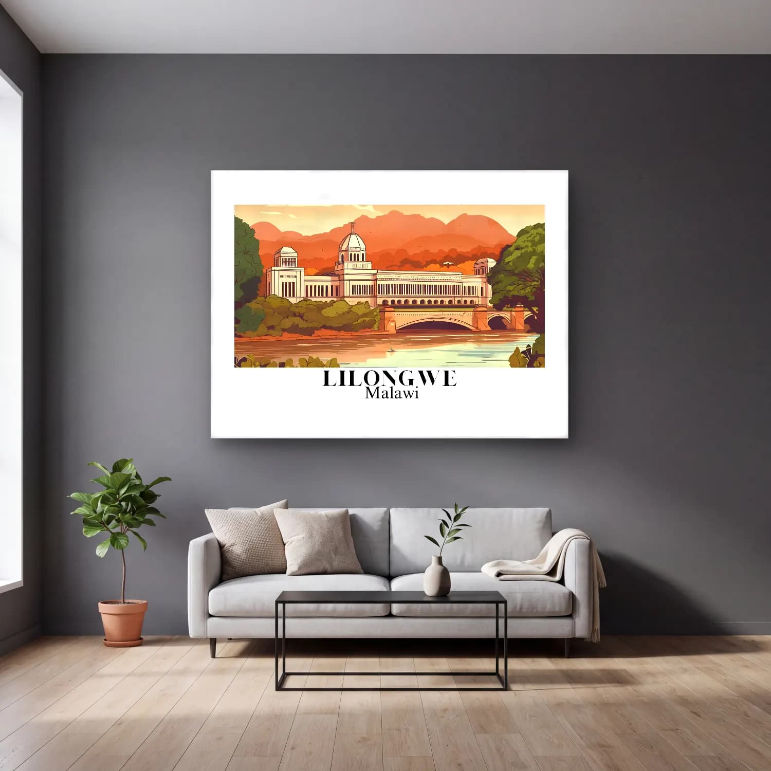 Vintage Poster Köprü No. 9 cam tablo — gri duvarlı salonda