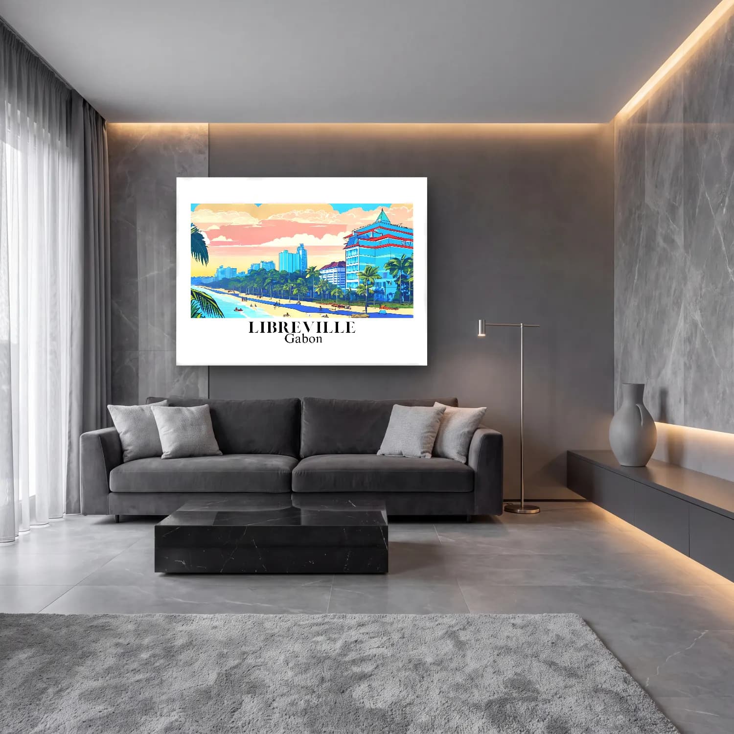 Pastel Akdeniz Sahil Kasabası No. 5 cam tablo — lüks salon duvarında