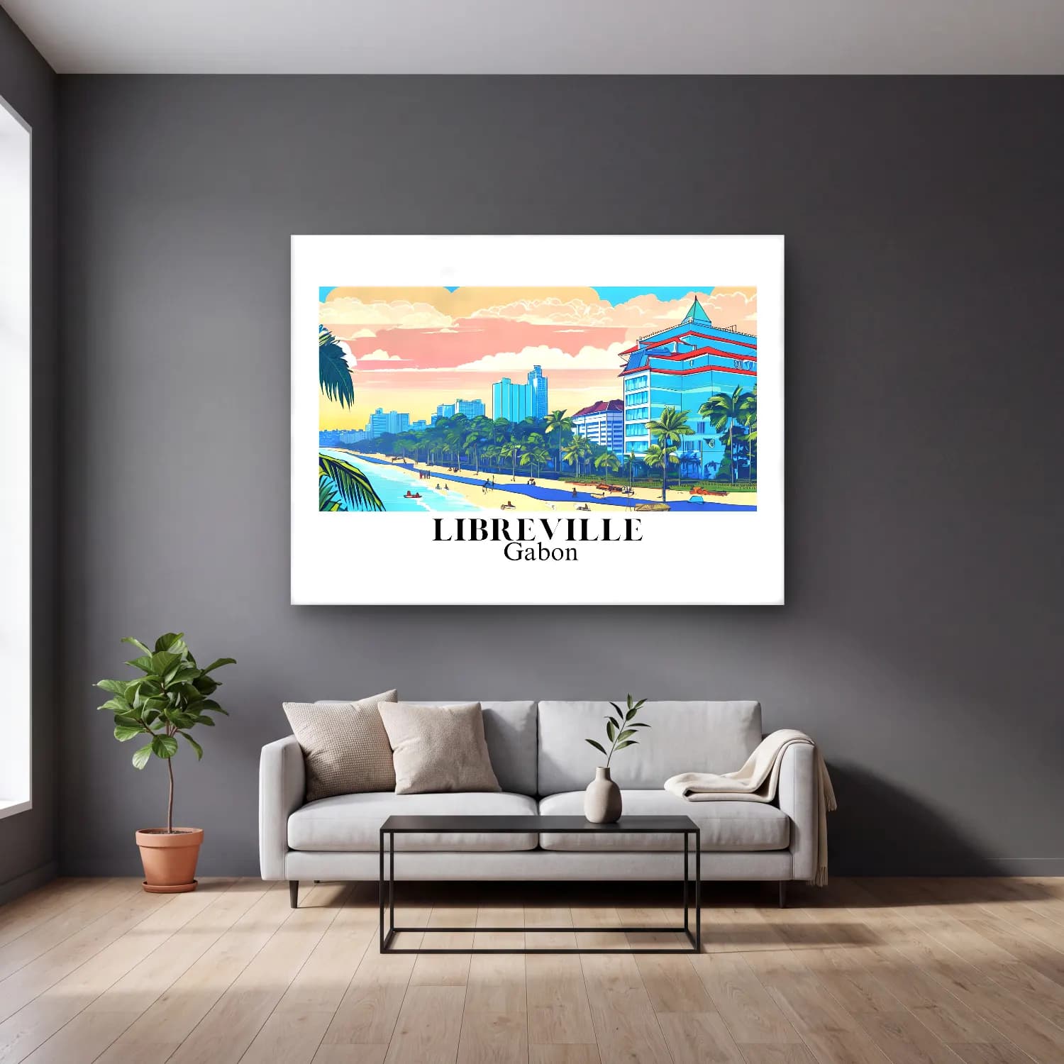 Pastel Akdeniz Sahil Kasabası No. 5 cam tablo — gri duvarlı salonda
