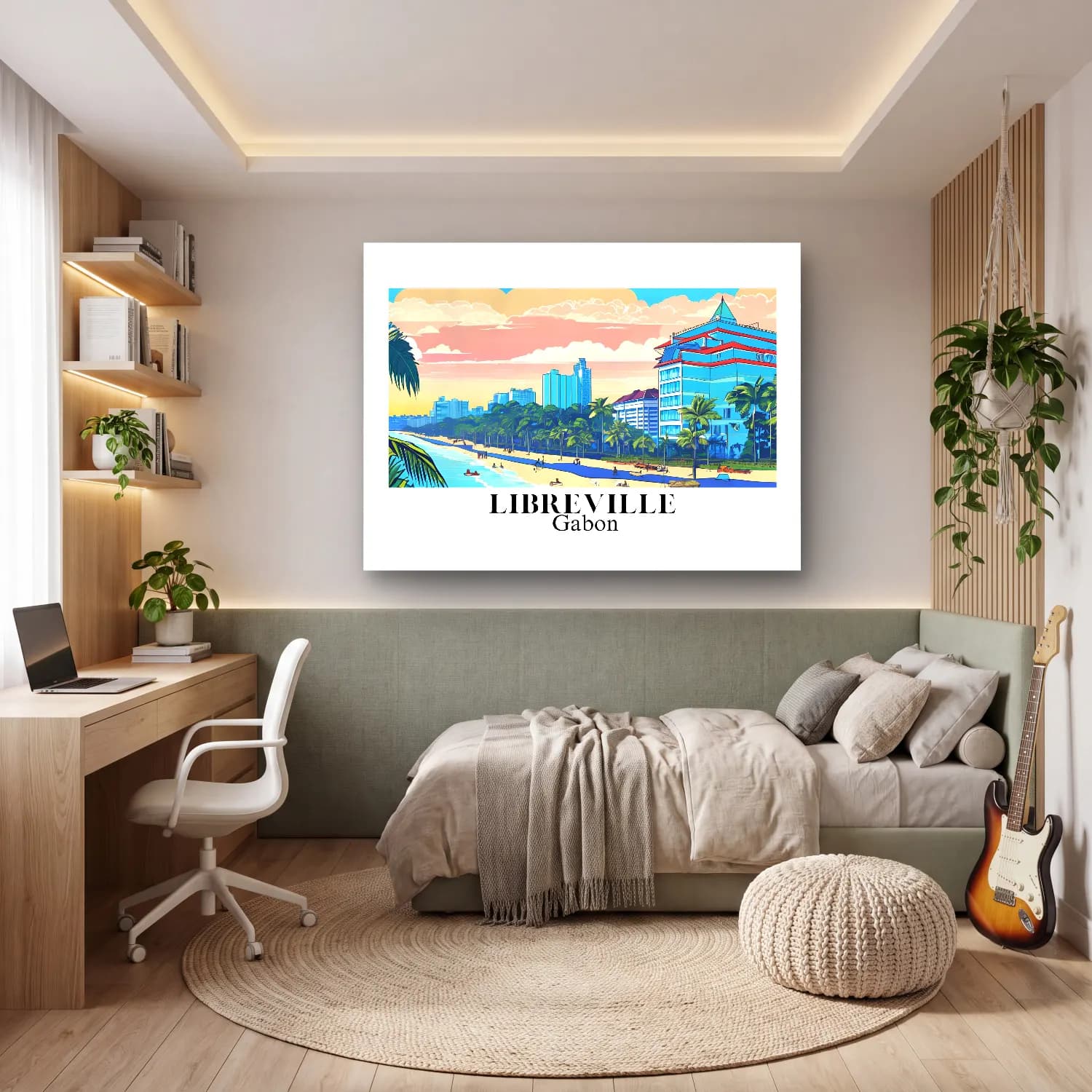 Pastel Akdeniz Sahil Kasabası No. 5 cam tablo — genç odasında
