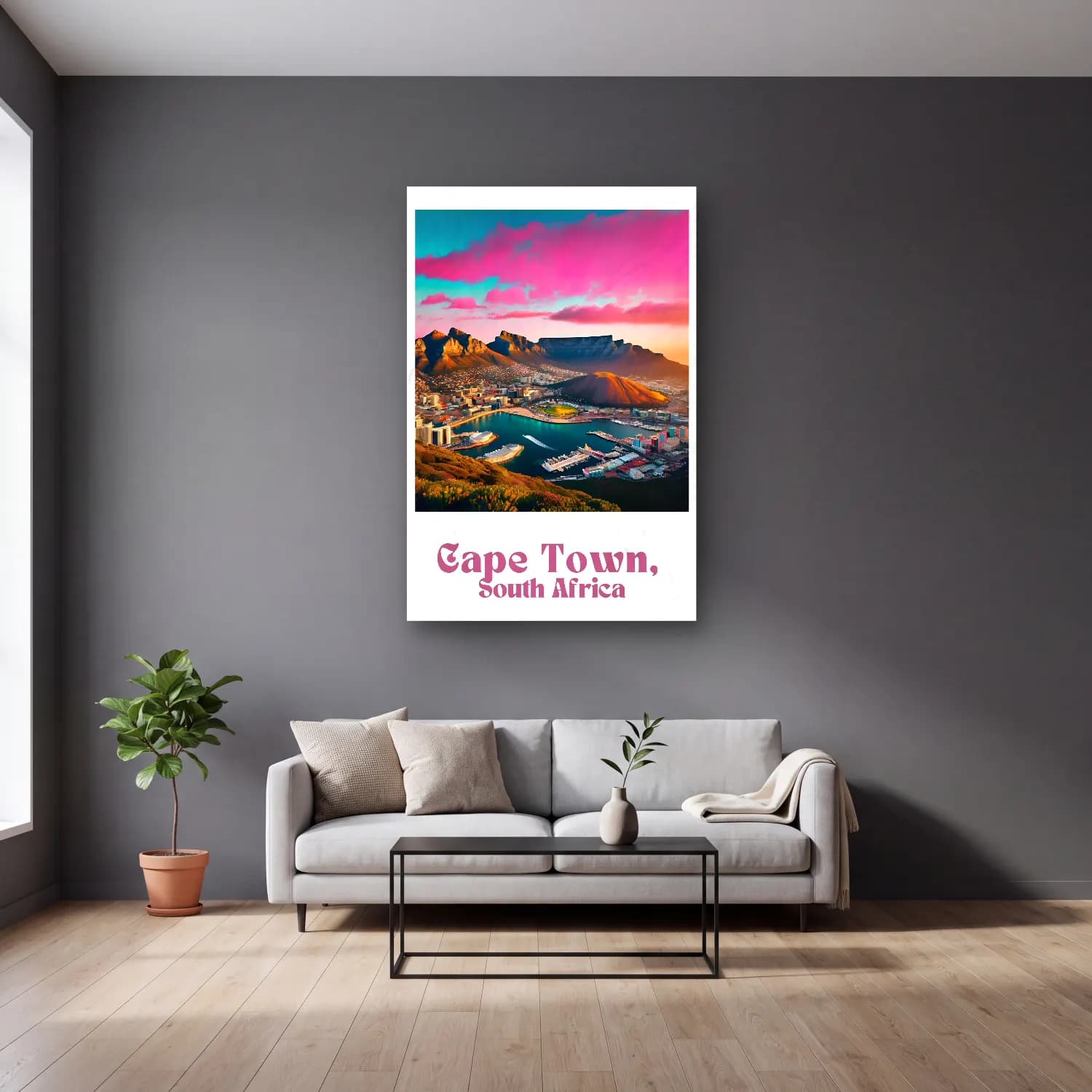 Pastel Gece Şehir No. 5 cam tablo — gri duvarlı salonda