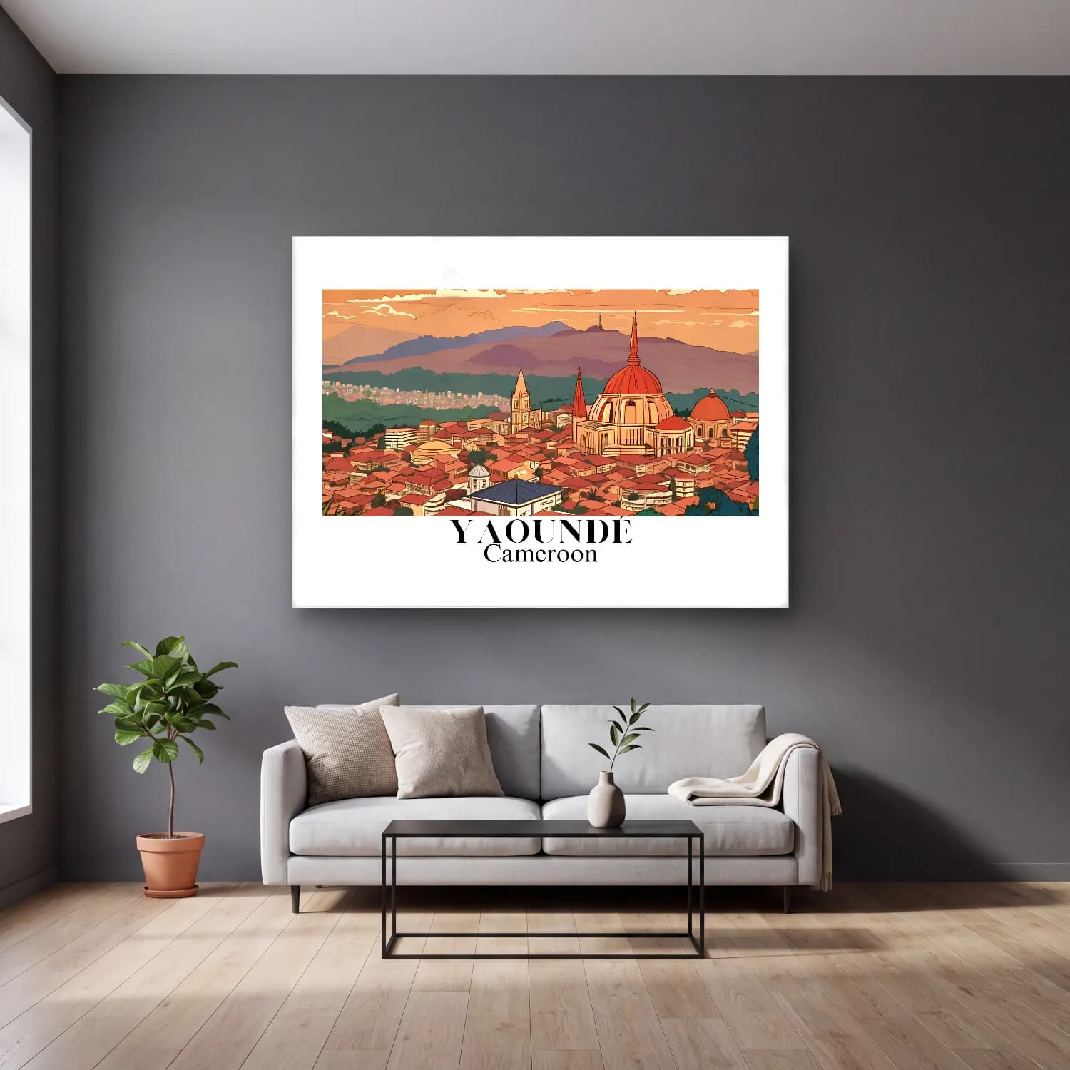 Vintage Poster Katedral No. 23 cam tablo — gri duvarlı salonda