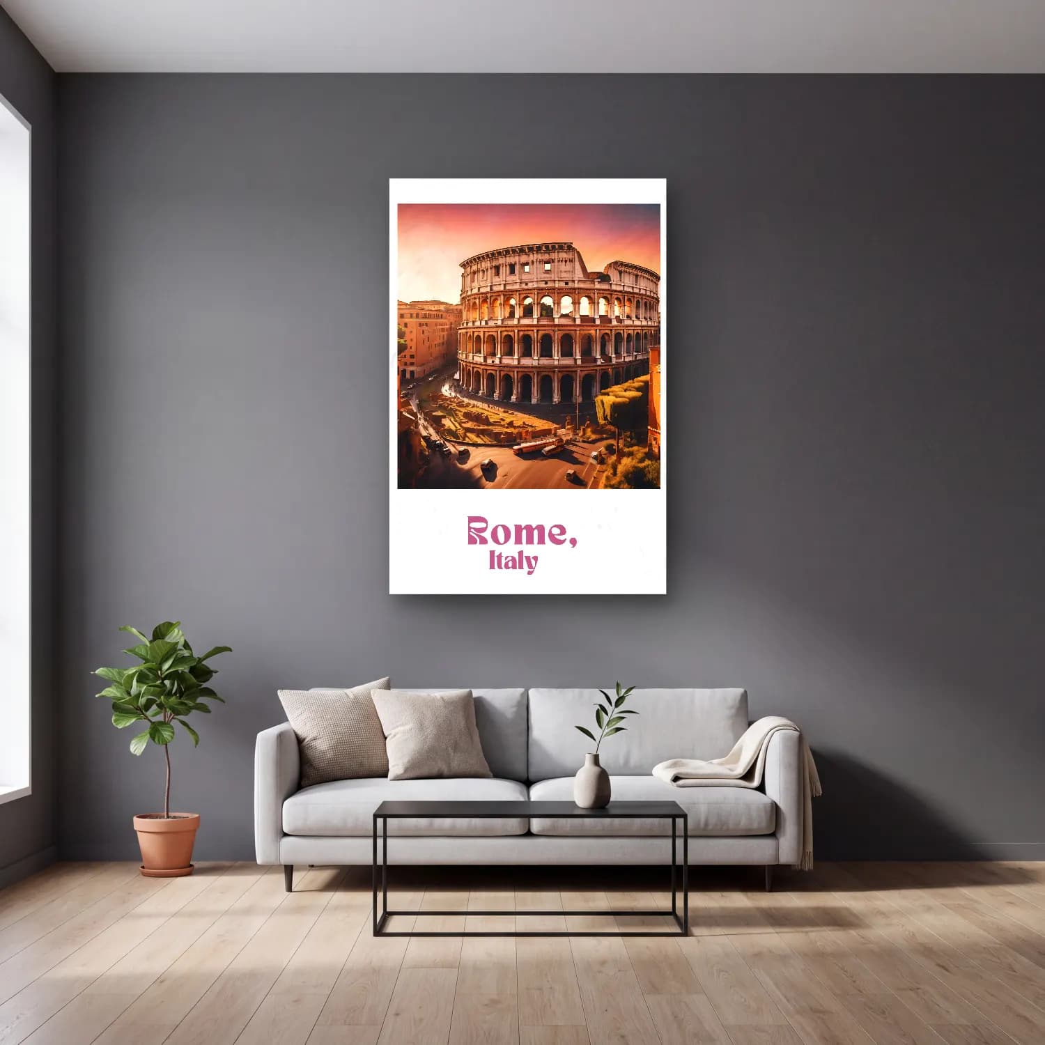 Vintage Poster Roma No. 5 cam tablo — gri duvarlı salonda