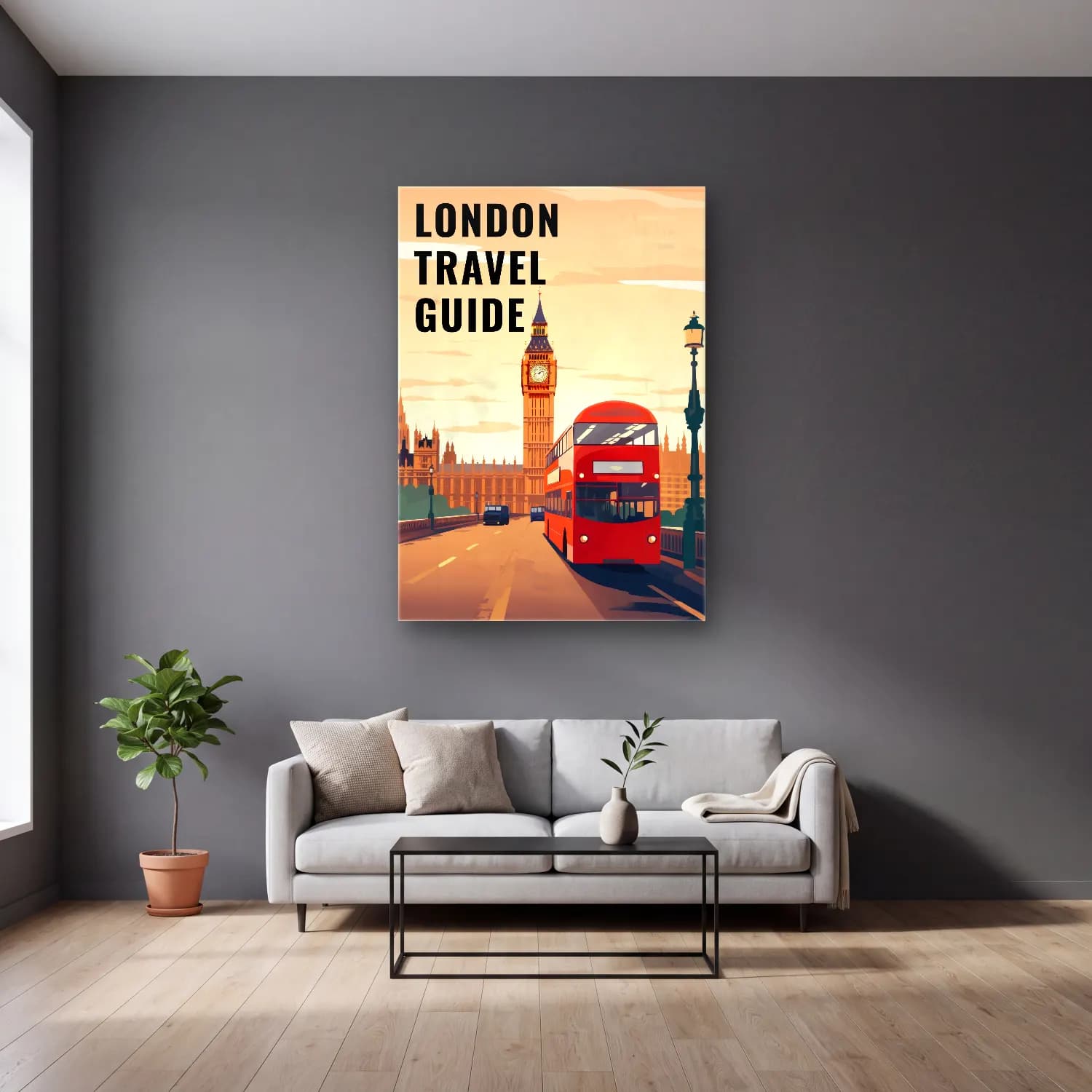 Vintage Poster Londra No. 5 cam tablo — gri duvarlı salonda
