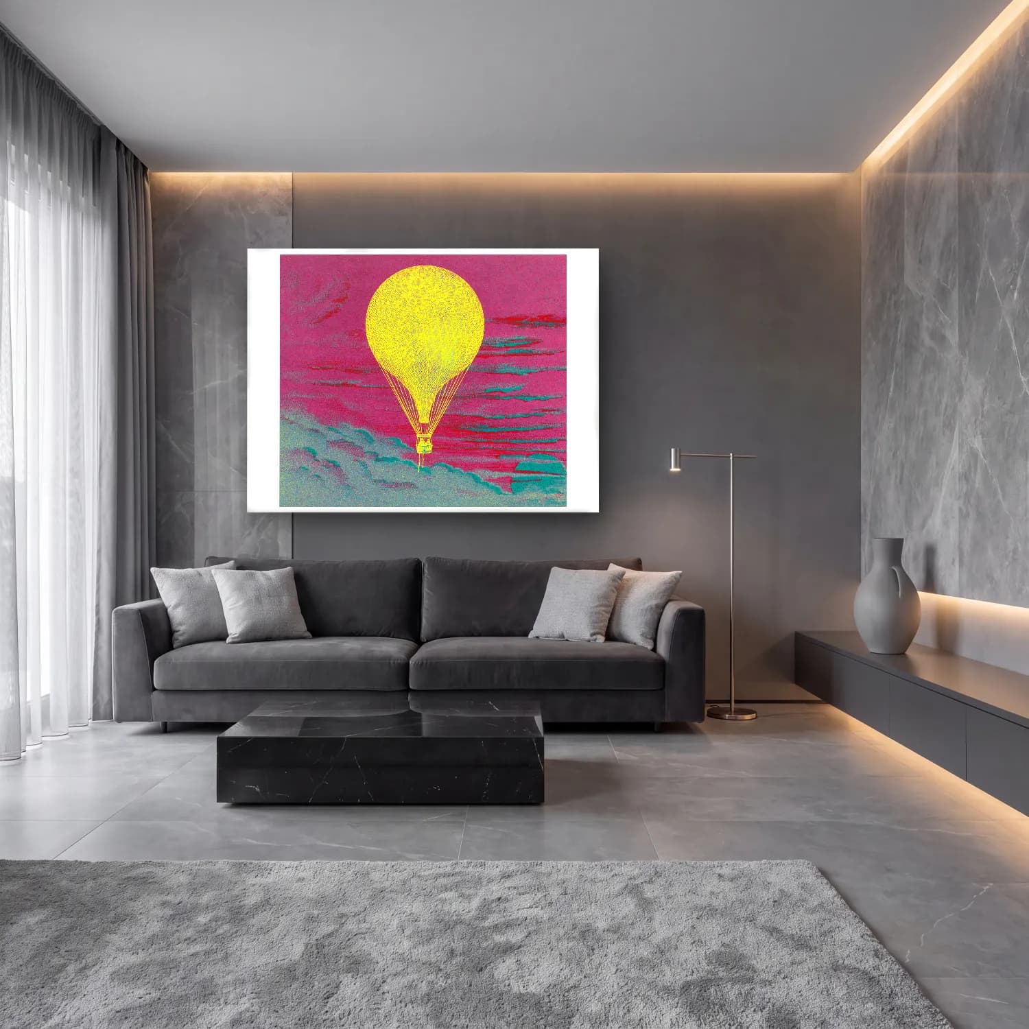 Pastel Sıcak Hava Balonu – Sarı Tonlar cam tablo — lüks salon duvarında
