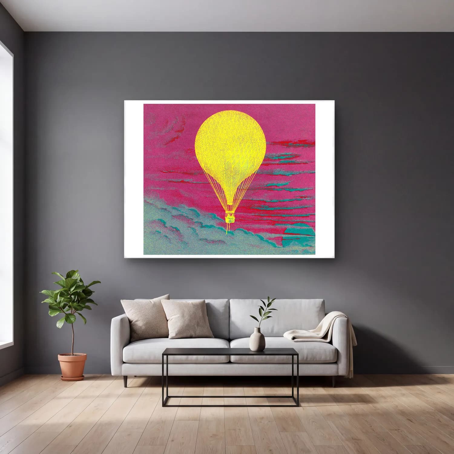 Pastel Sıcak Hava Balonu – Sarı Tonlar cam tablo — gri duvarlı salonda