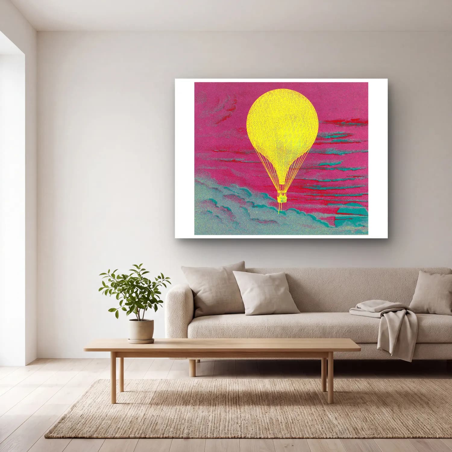 Pastel Sıcak Hava Balonu – Sarı Tonlar cam tablo — açık renk salonda