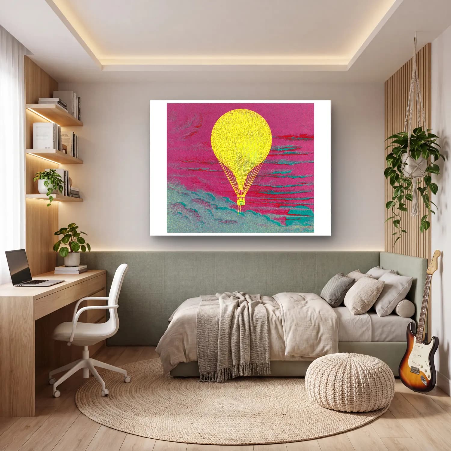 Pastel Sıcak Hava Balonu – Sarı Tonlar cam tablo — genç odasında