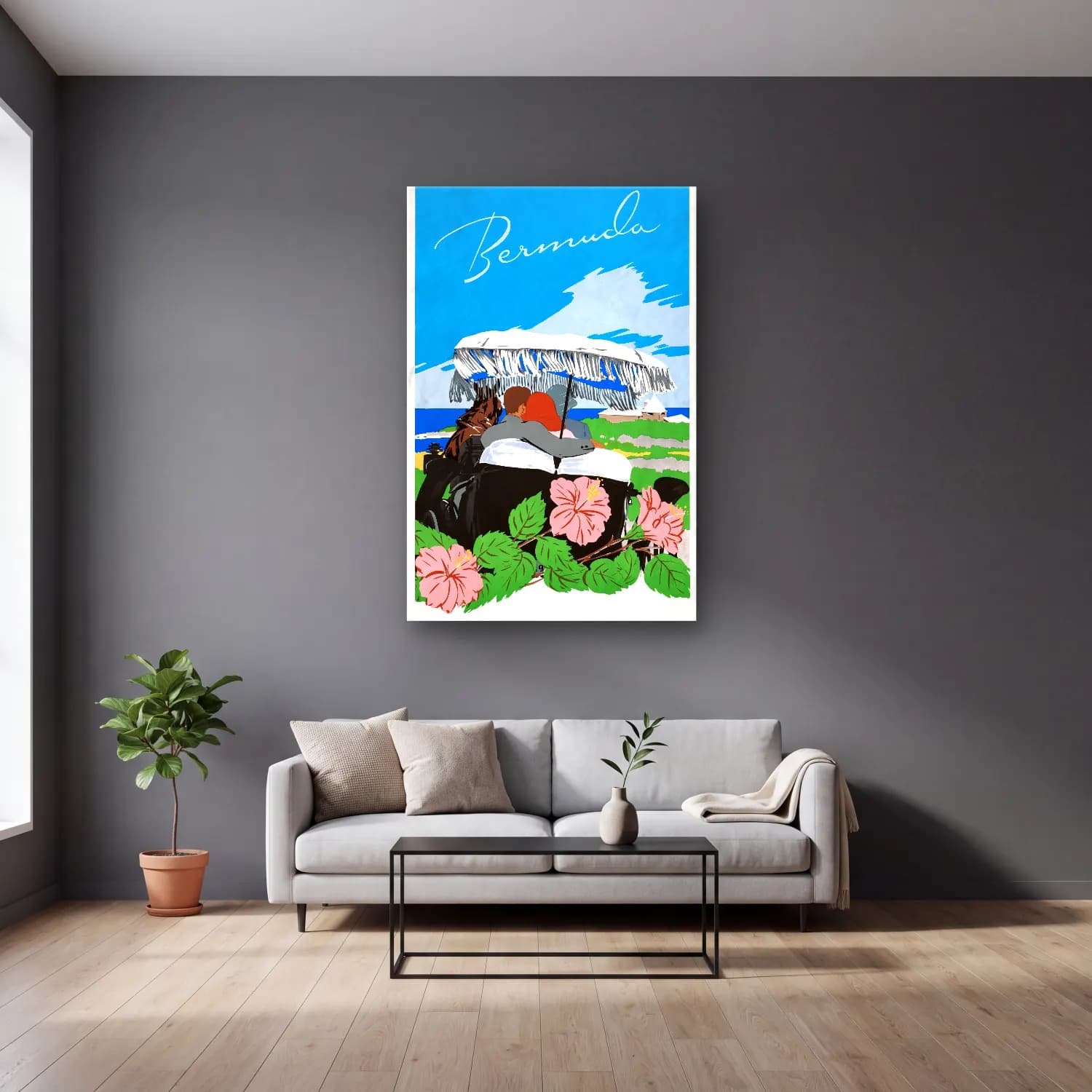 Vintage Poster Sahilde İnsanlar – Siyah Beyaz Tonlar cam tablo — gri duvarlı salonda