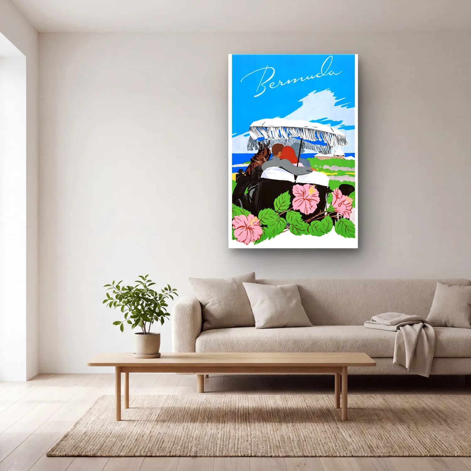 Vintage Poster Sahilde İnsanlar – Siyah Beyaz Tonlar cam tablo — açık renk salonda