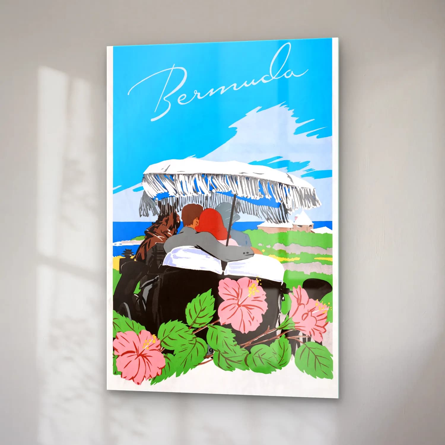 Vintage Poster Sahilde İnsanlar – Siyah Beyaz Tonlar cam tablo — sağ açıdan görünüm