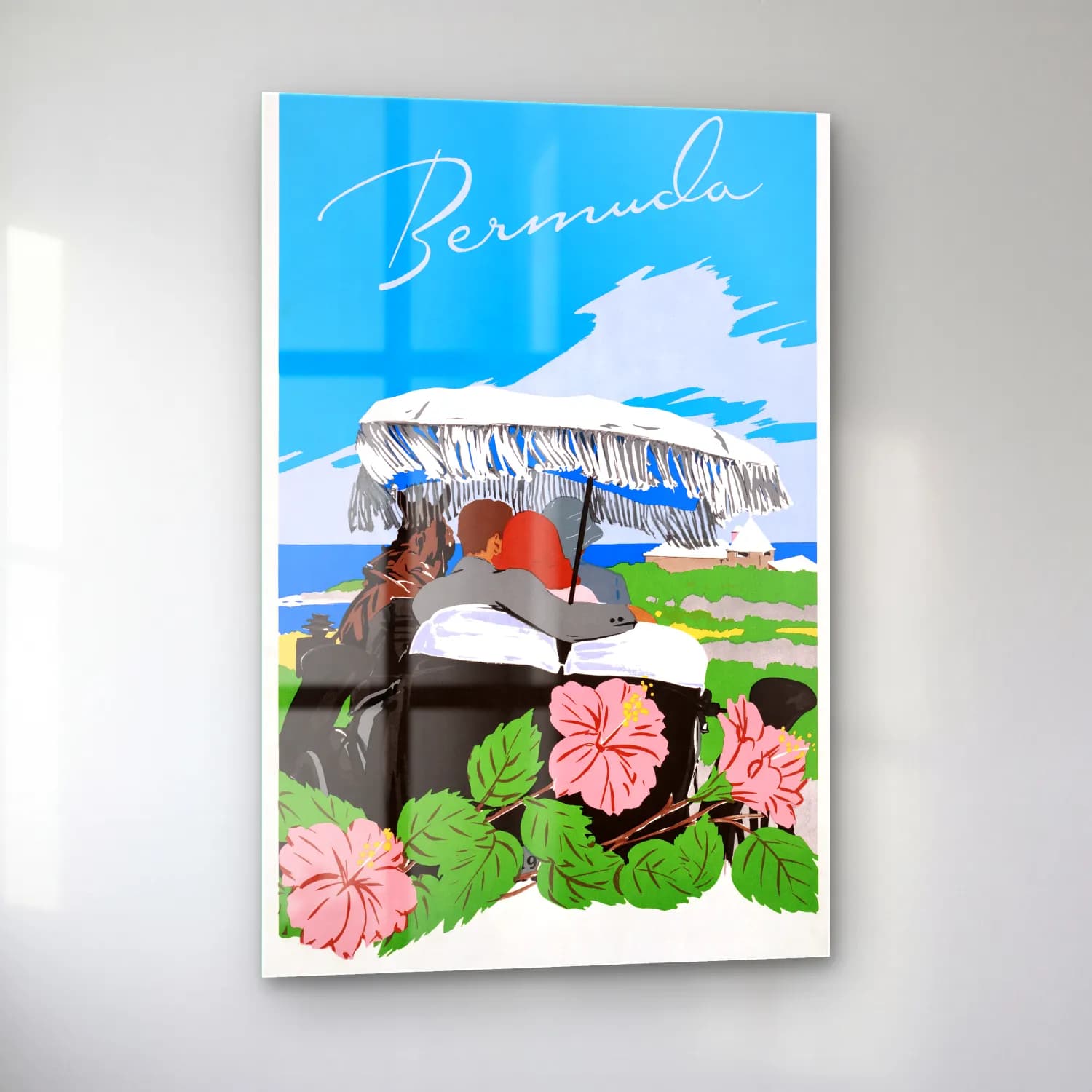 Vintage Poster Sahilde İnsanlar – Siyah Beyaz Tonlar cam tablo — sol açıdan görünüm