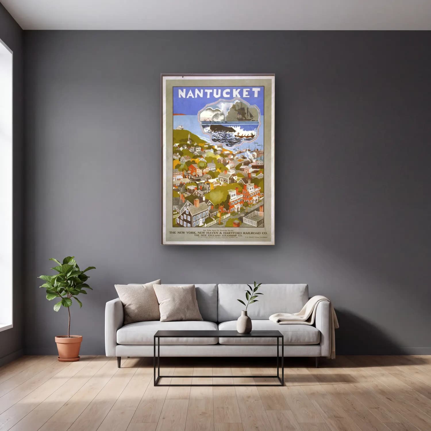 Vintage Poster Liman ve Tekneler – Siyah Beyaz Tonlar cam tablo — gri duvarlı salonda