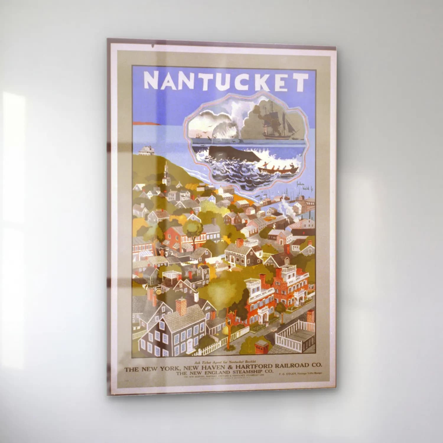 Vintage Poster Liman ve Tekneler – Siyah Beyaz Tonlar cam tablo — sol açıdan görünüm