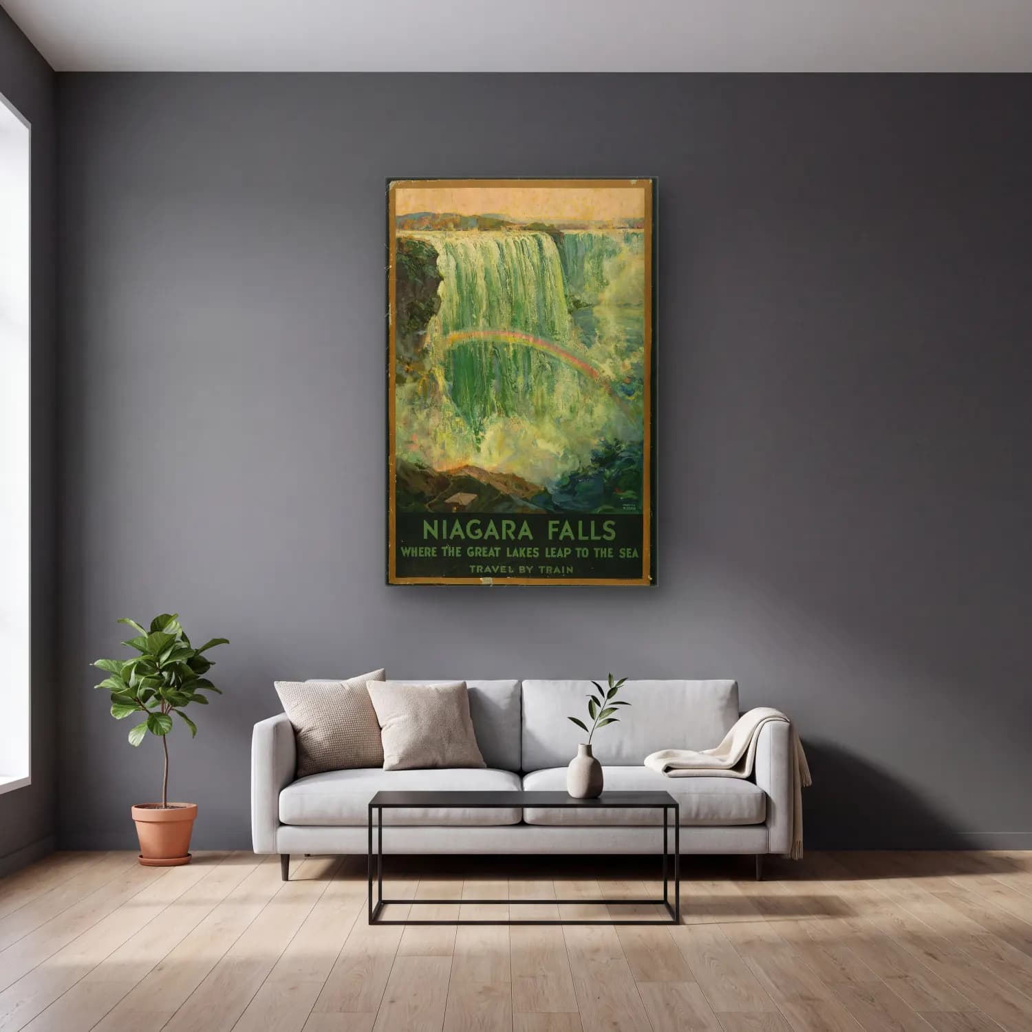 Vintage Poster Şelale – Yeşil Tonlar cam tablo — gri duvarlı salonda