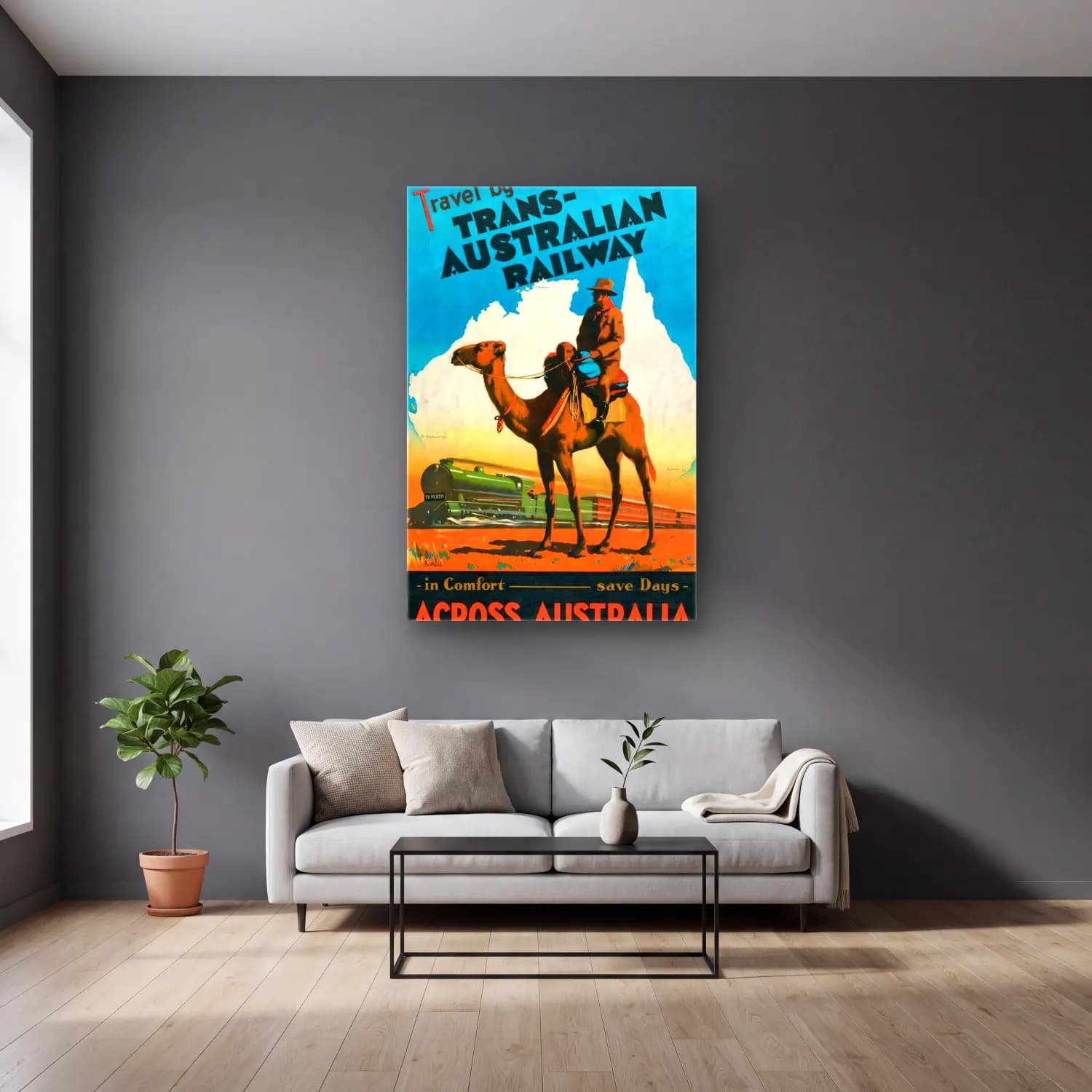 Vintage Poster Tren No. 6 cam tablo — gri duvarlı salonda