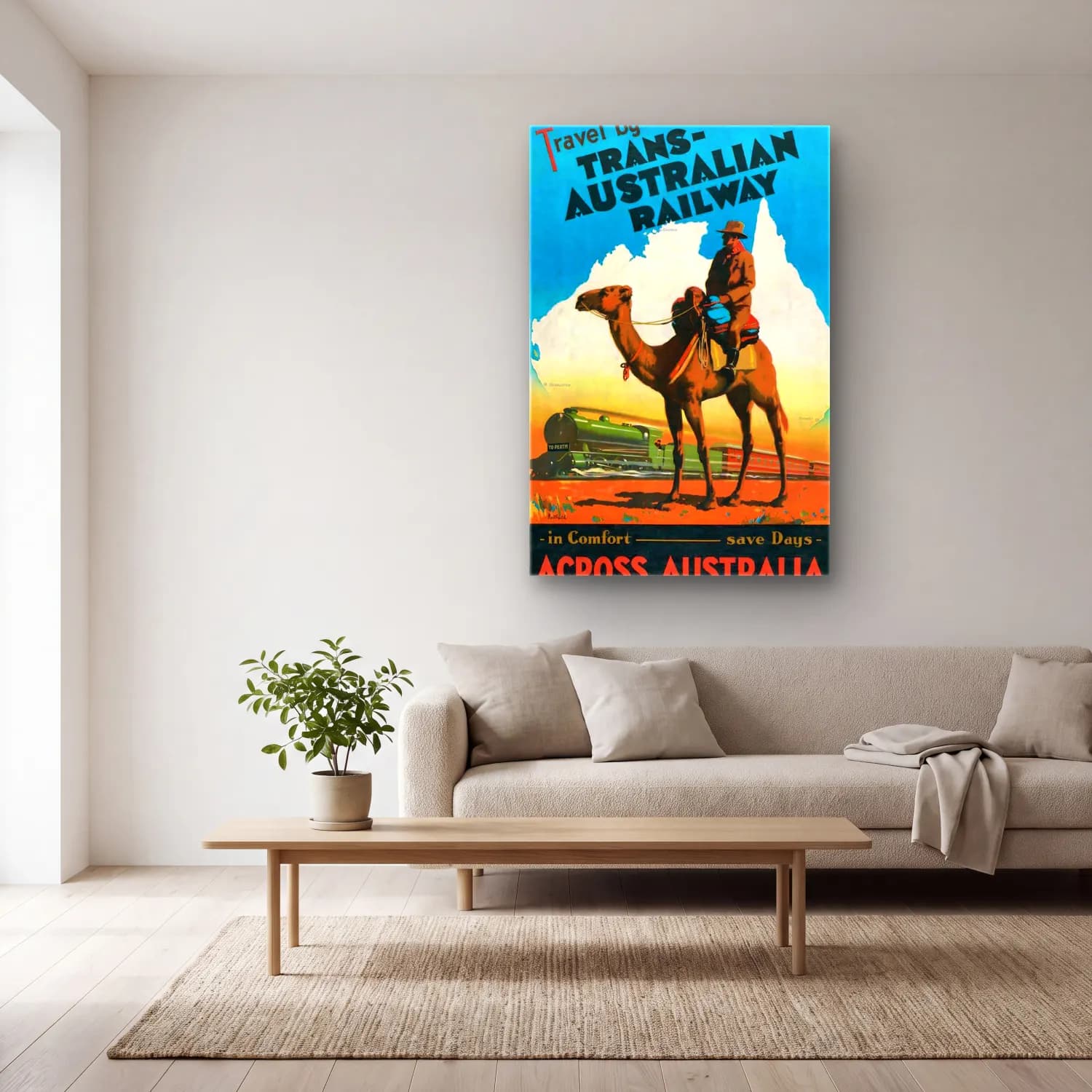Vintage Poster Tren No. 6 cam tablo — açık renk salonda