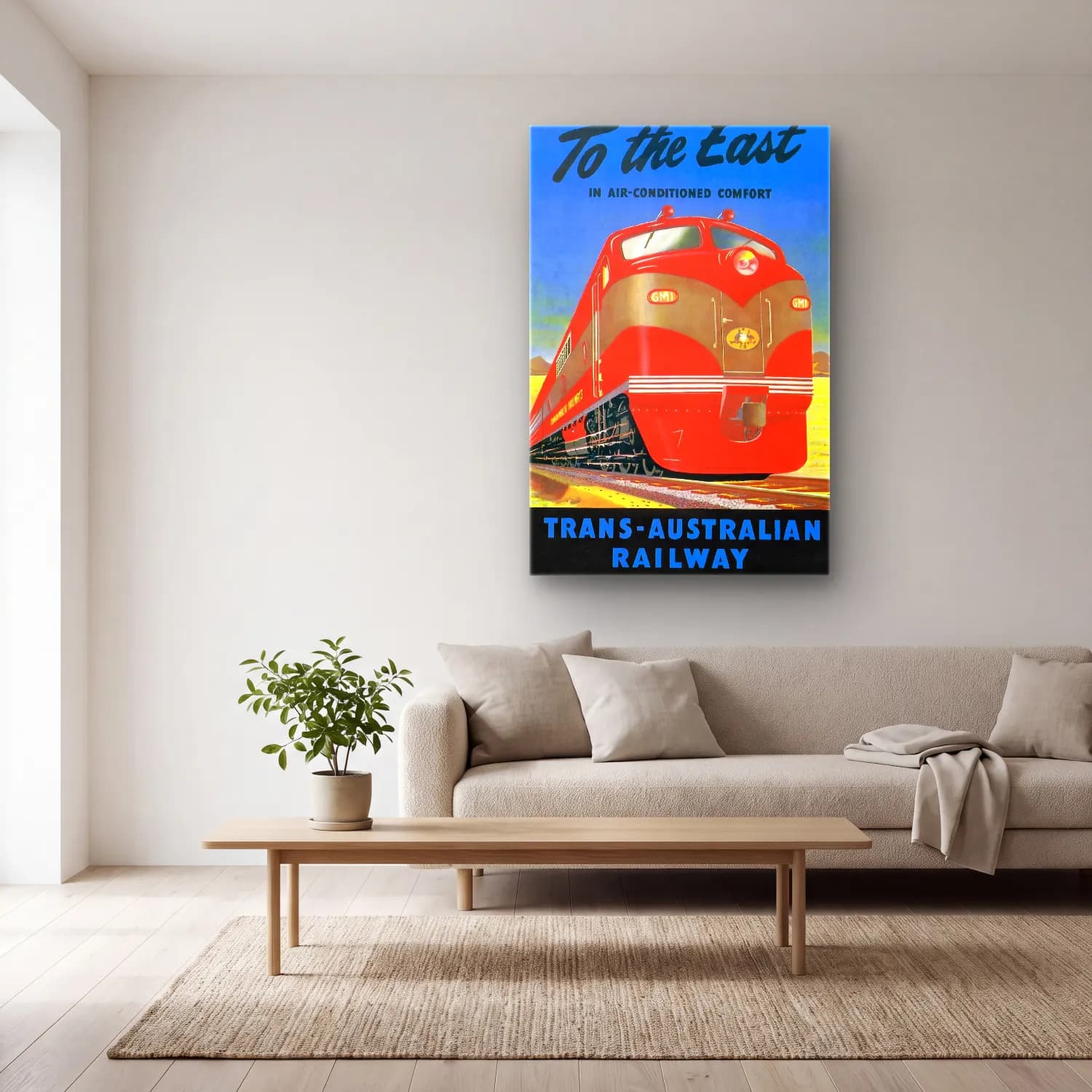 Vintage Poster Tren – Kırmızı Tonlar cam tablo — açık renk salonda