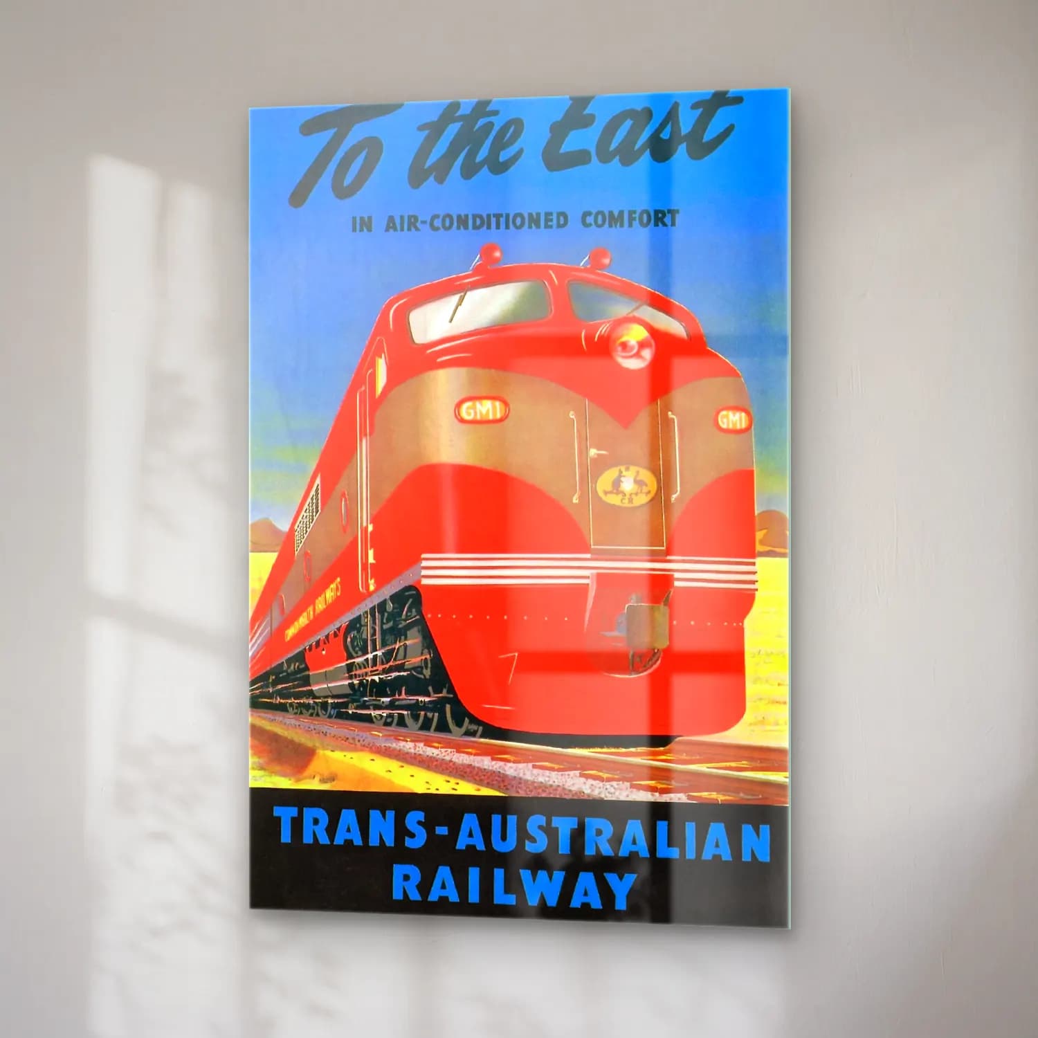 Vintage Poster Tren – Kırmızı Tonlar cam tablo — sağ açıdan görünüm