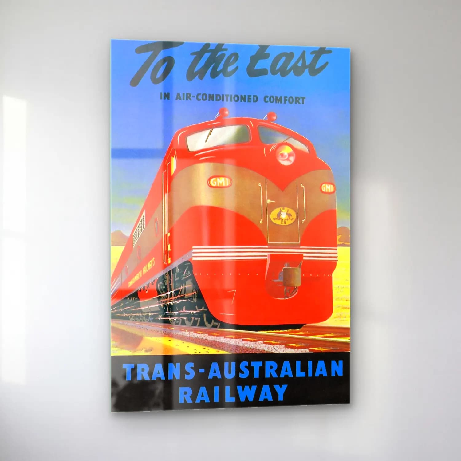 Vintage Poster Tren – Kırmızı Tonlar cam tablo — sol açıdan görünüm