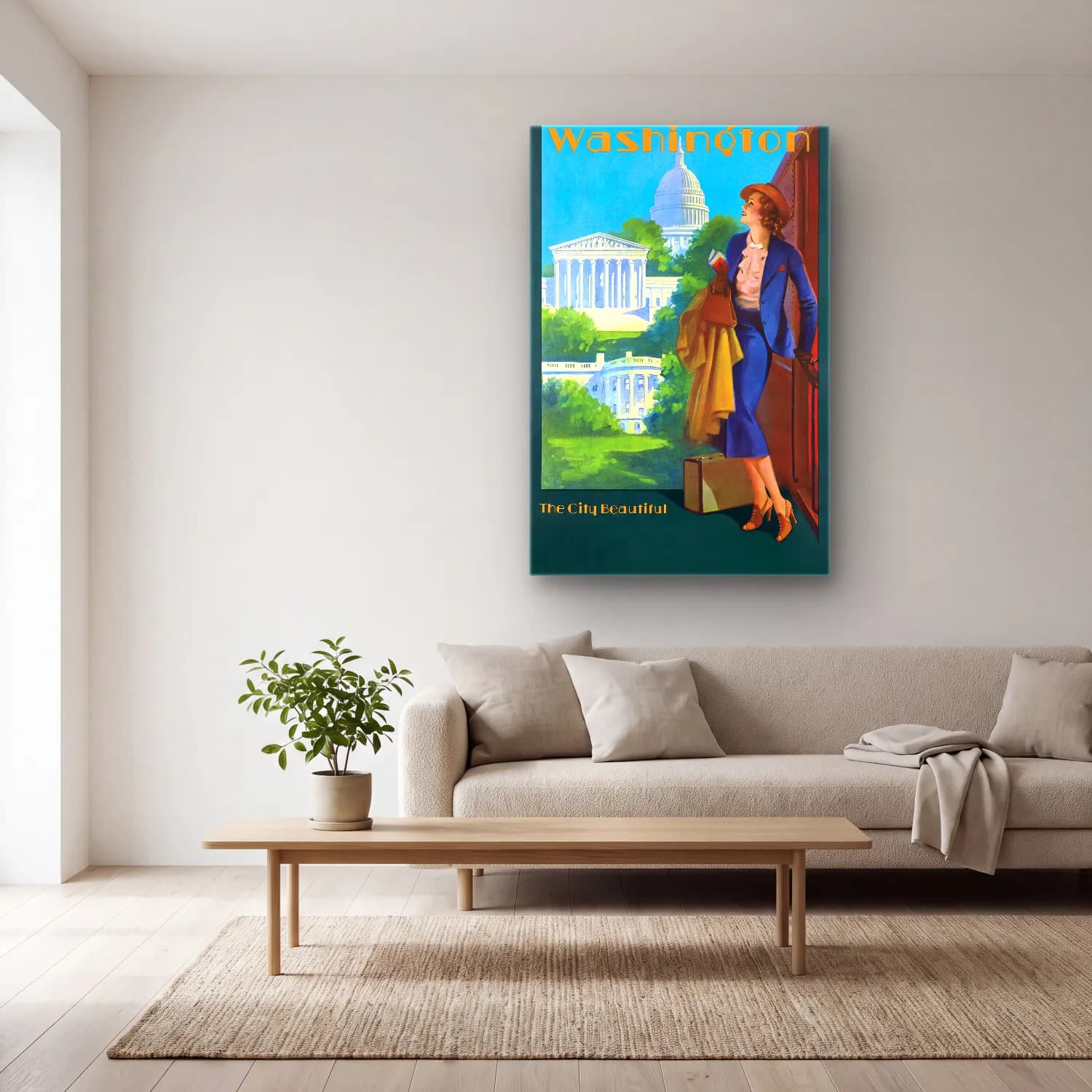 Vintage Poster Elbiseli Kadın – Turkuaz Tonlar cam tablo — açık renk salonda