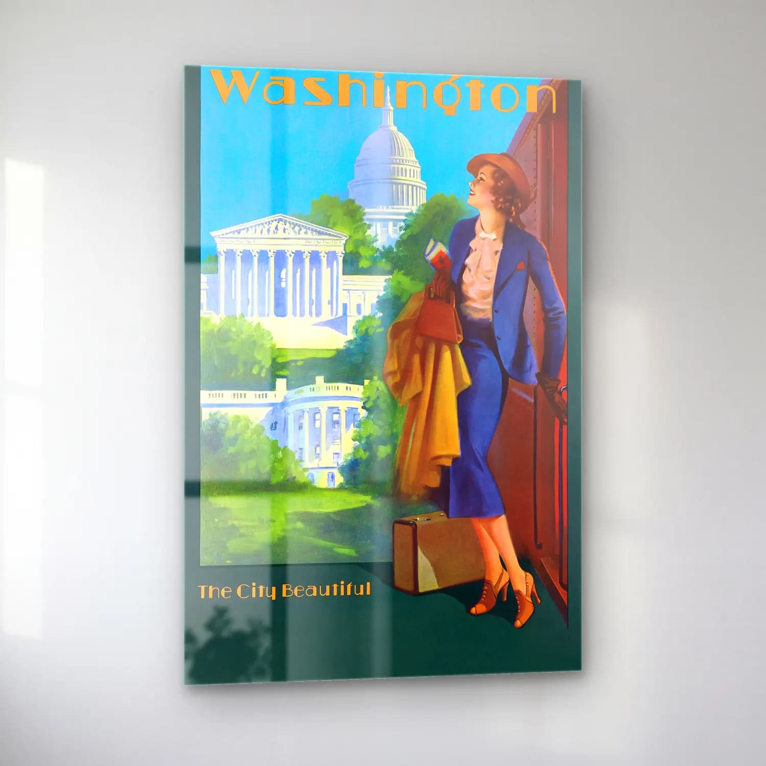 Vintage Poster Elbiseli Kadın – Turkuaz Tonlar cam tablo — sol açıdan görünüm