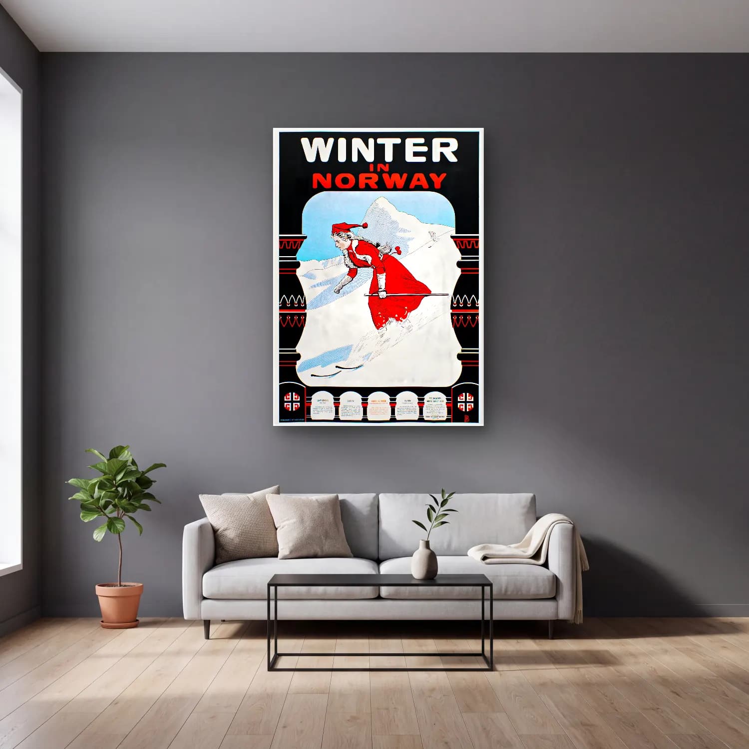 Vintage Poster Kayak – Kırmızı Tonlar cam tablo — gri duvarlı salonda