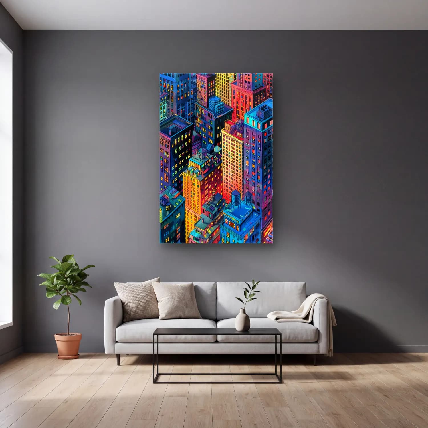 Maksimalist Gece Şehir – Turkuaz Tonlar cam tablo — gri duvarlı salonda