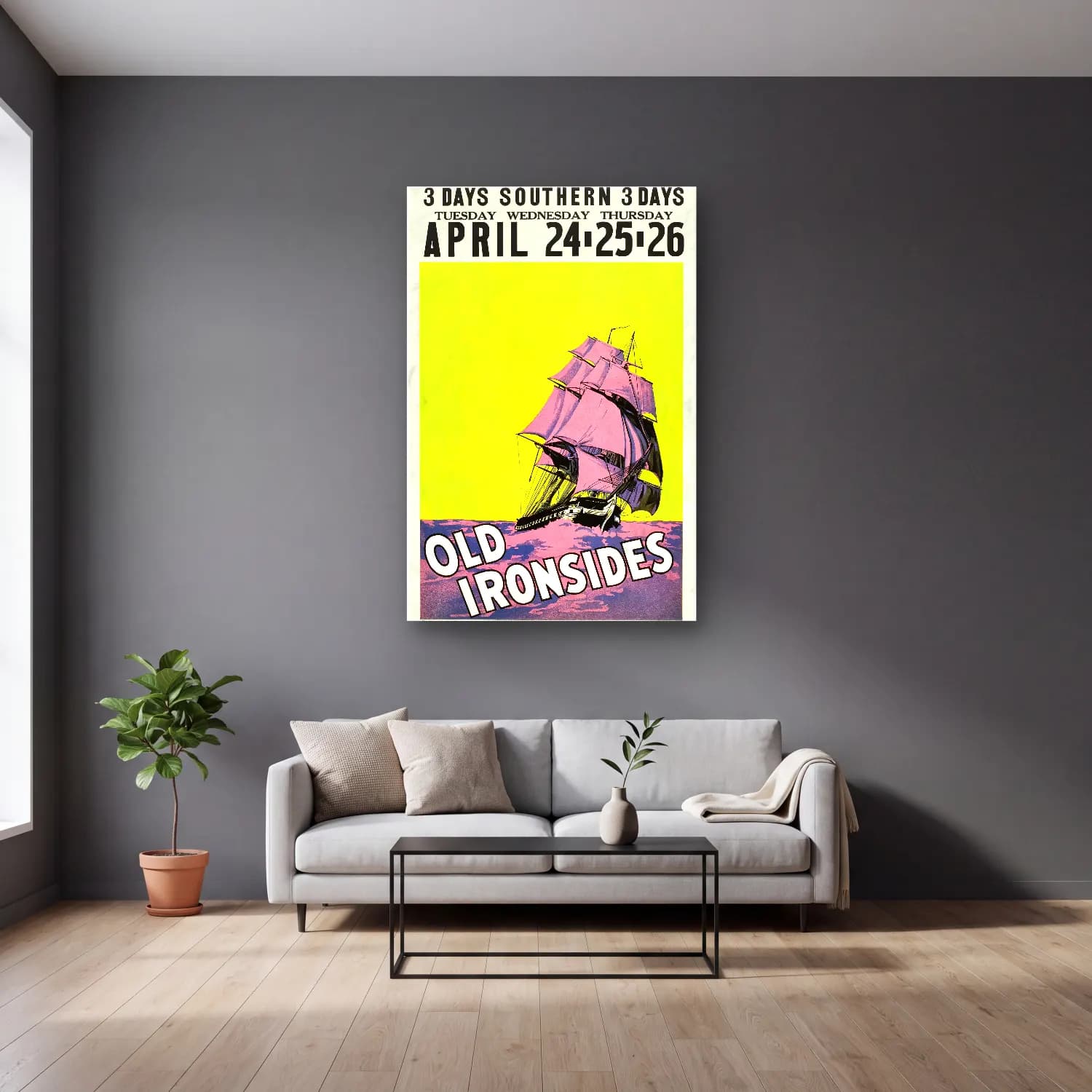 Vintage Poster Fırtınalı Denizde Gemi cam tablo — gri duvarlı salonda