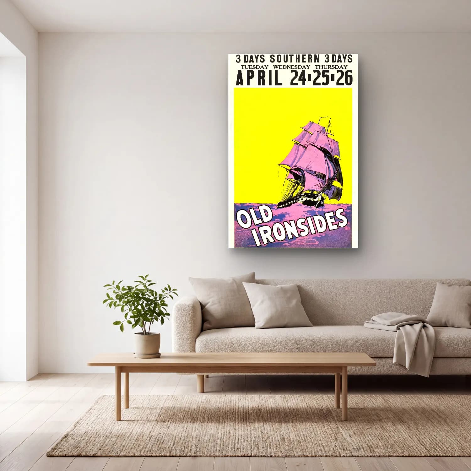 Vintage Poster Fırtınalı Denizde Gemi cam tablo — açık renk salonda
