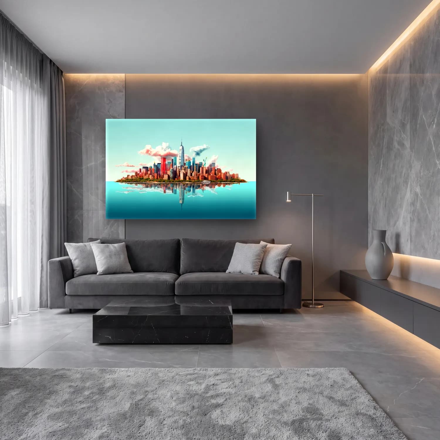 Pastel New York Silüeti – Turkuaz Tonlar cam tablo — lüks salon duvarında